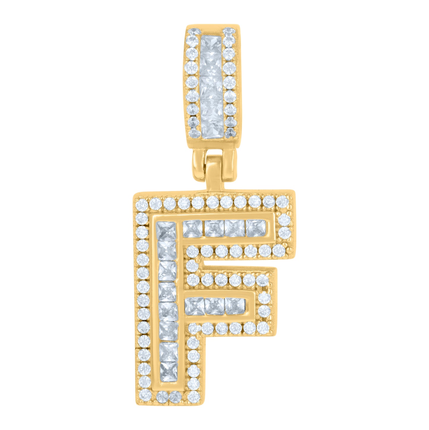 Sterling Silver Or Yellow-tone Unisex Round & Baguette Cubic-Zirconia Initial Alphabet Pendant Charm