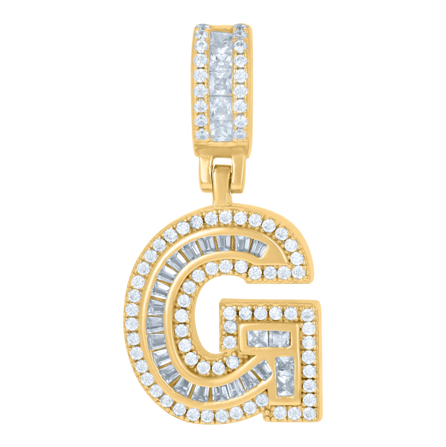 Sterling Silver Or Yellow-tone Unisex Round & Baguette Cubic-Zirconia Initial Alphabet Pendant Charm