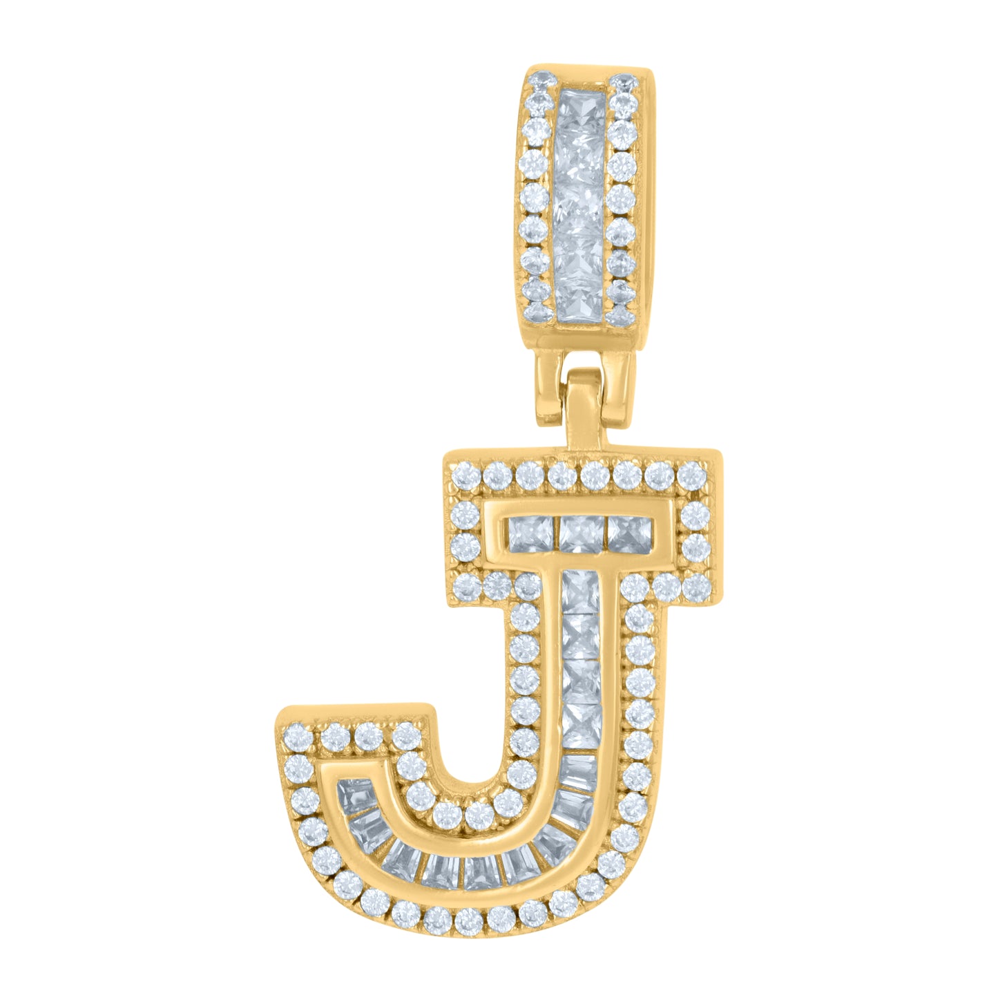 Sterling Silver Or Yellow-tone Unisex Round & Baguette Cubic-Zirconia Initial Alphabet Pendant Charm