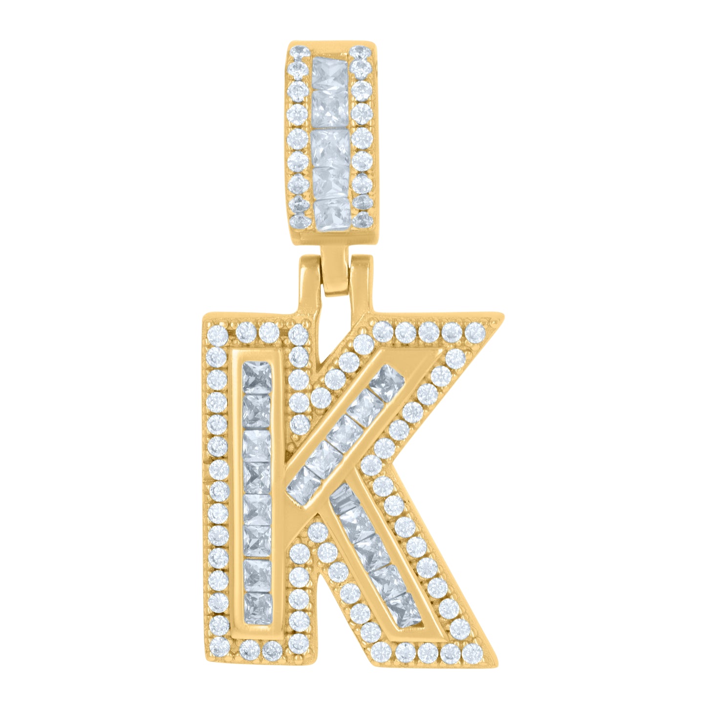 Sterling Silver Or Yellow-tone Unisex Round & Baguette Cubic-Zirconia Initial Alphabet Pendant Charm