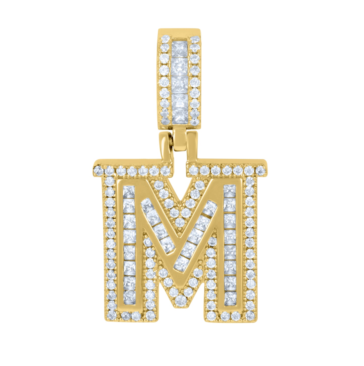 Sterling Silver Or Yellow-tone Unisex Round & Baguette Cubic-Zirconia Initial Alphabet Pendant Charm