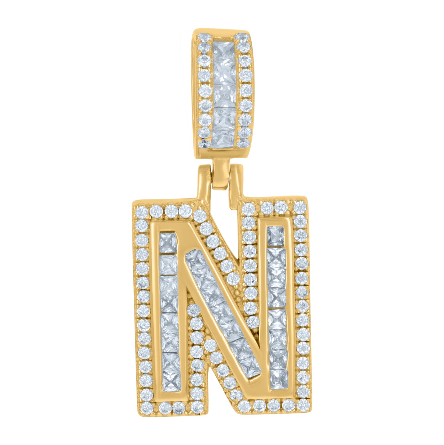 Sterling Silver Or Yellow-tone Unisex Round & Baguette Cubic-Zirconia Initial Alphabet Pendant Charm