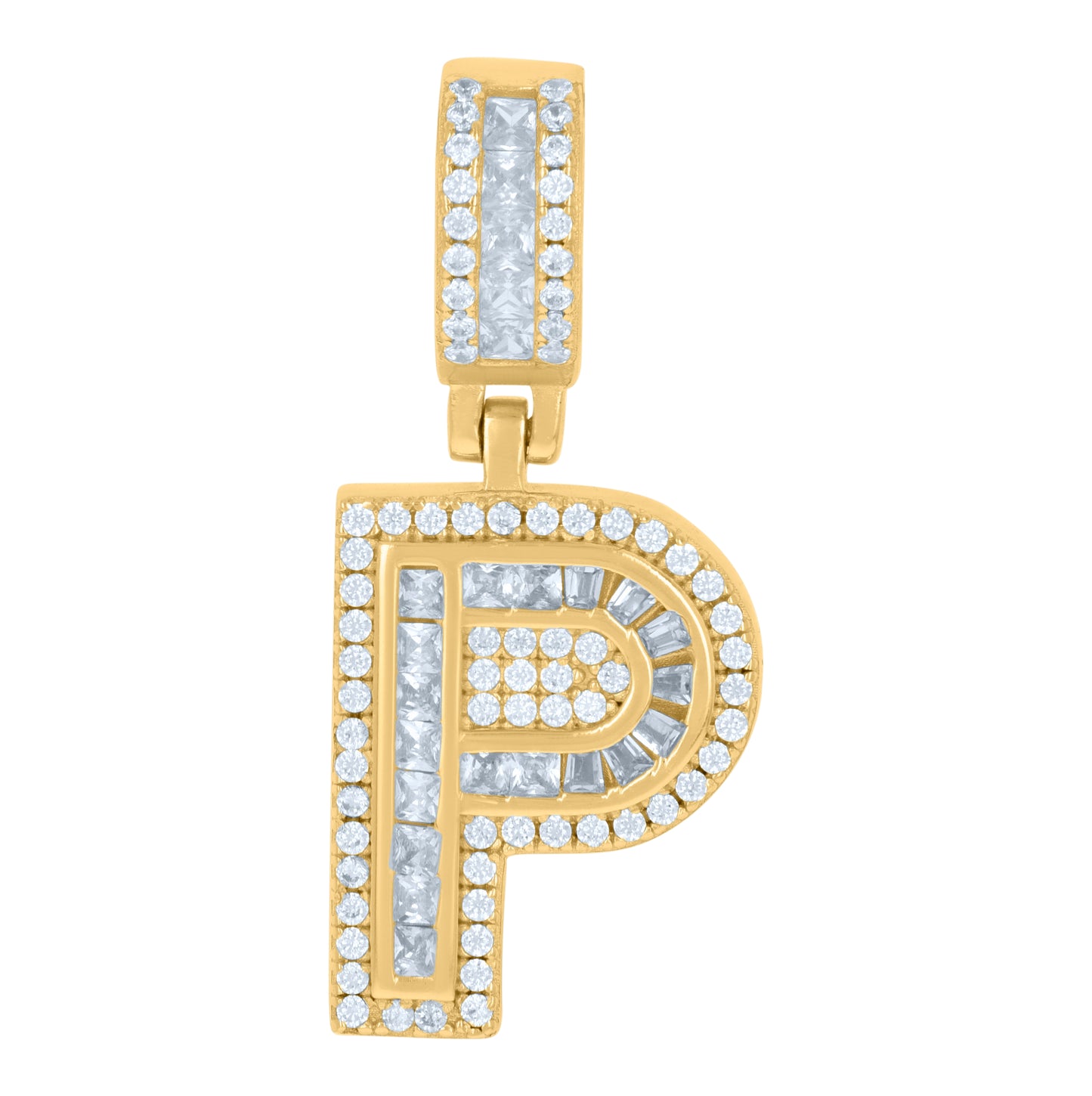 Sterling Silver Or Yellow-tone Unisex Round & Baguette Cubic-Zirconia Initial Alphabet Pendant Charm
