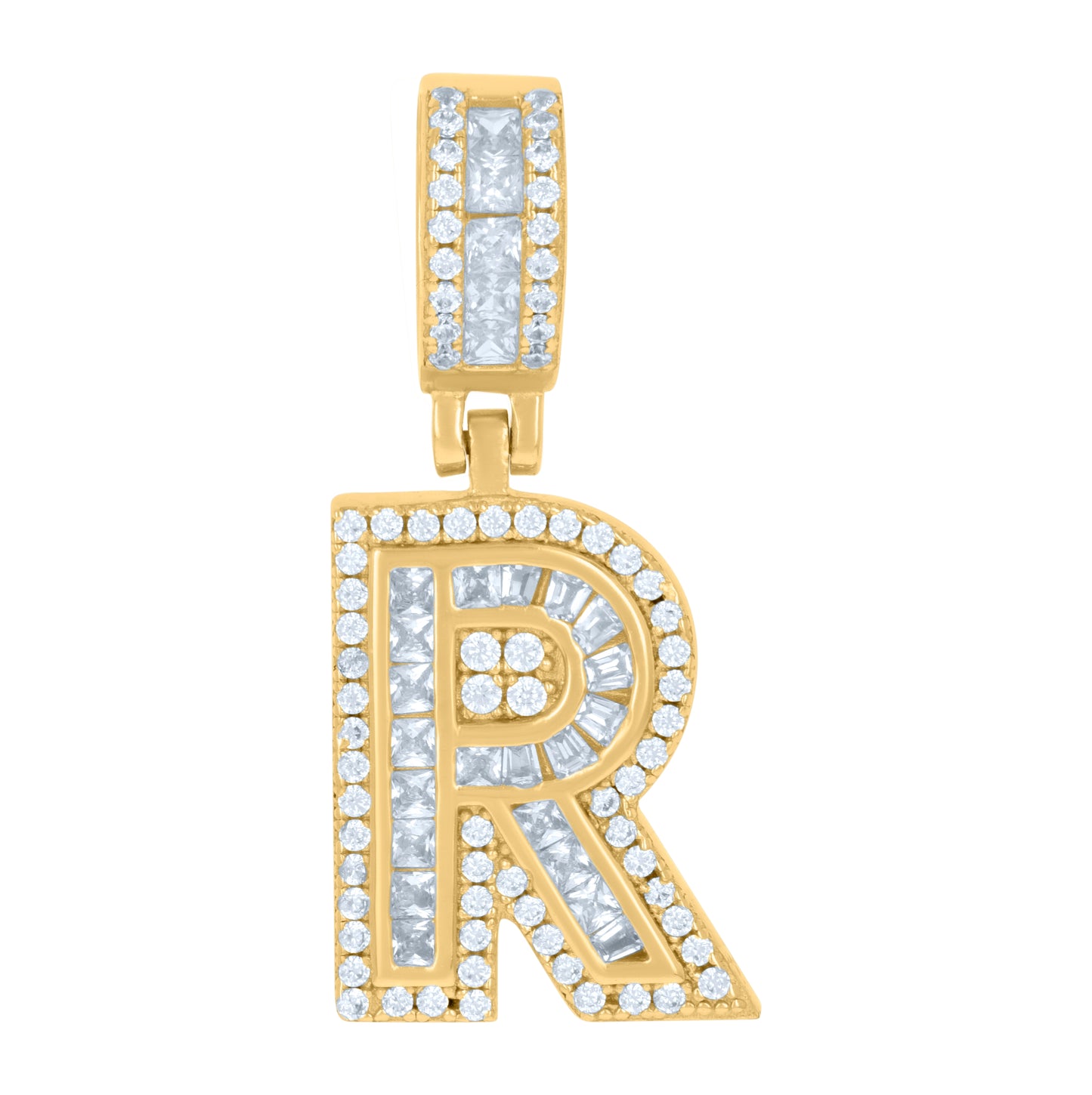 Sterling Silver Or Yellow-tone Unisex Round & Baguette Cubic-Zirconia Initial Alphabet Pendant Charm