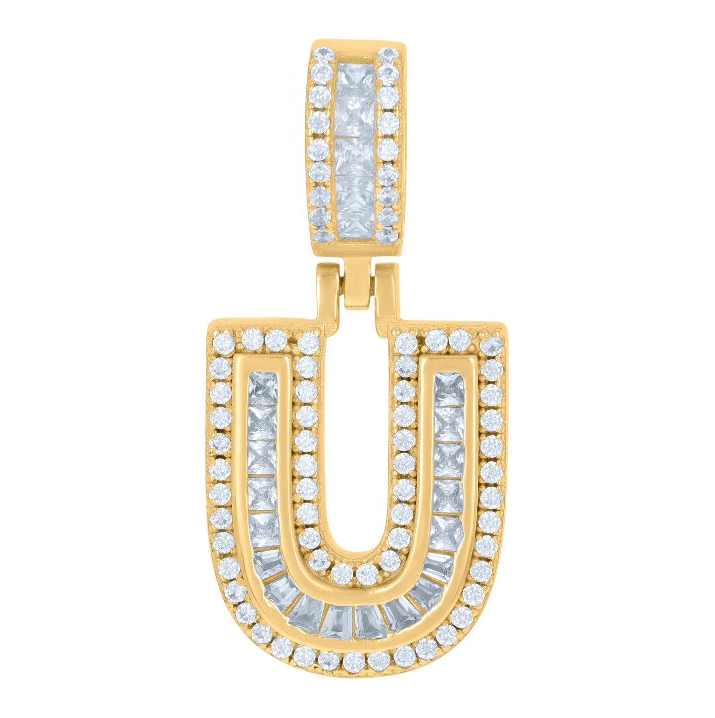 Sterling Silver Or Yellow-tone Unisex Round & Baguette Cubic-Zirconia Initial Alphabet Pendant Charm