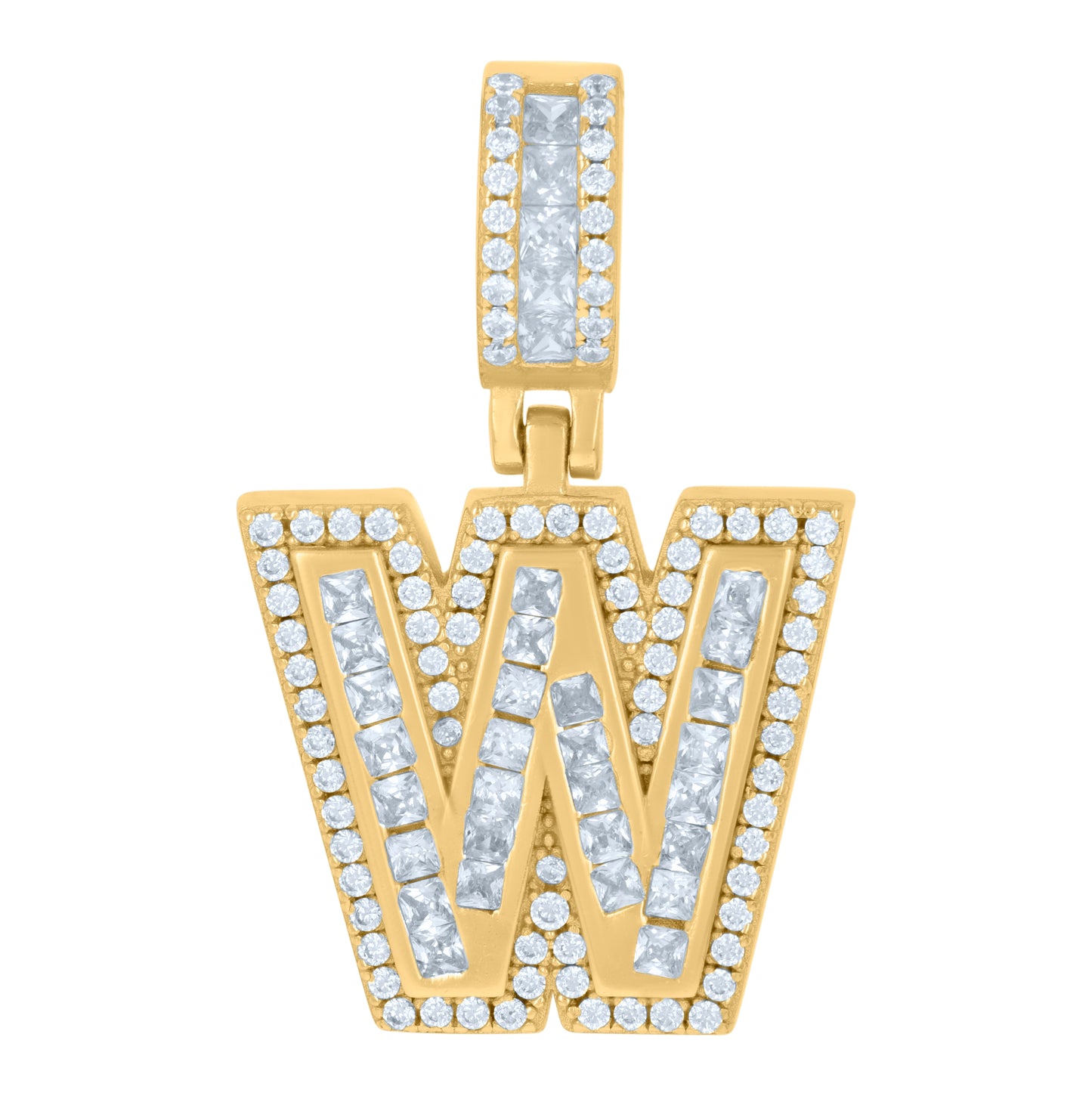 Sterling Silver Or Yellow-tone Unisex Round & Baguette Cubic-Zirconia Initial Alphabet Pendant Charm