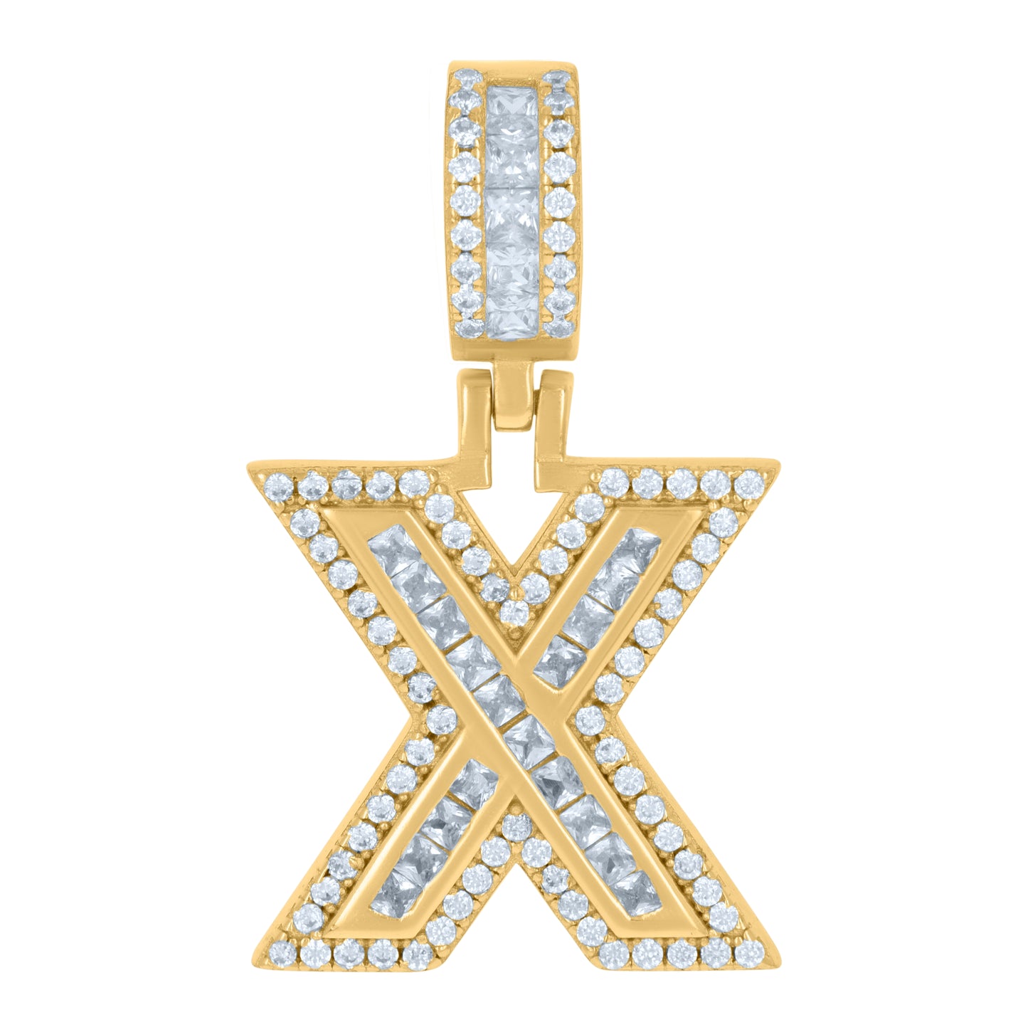 Sterling Silver Or Yellow-tone Unisex Round & Baguette Cubic-Zirconia Initial Alphabet Pendant Charm