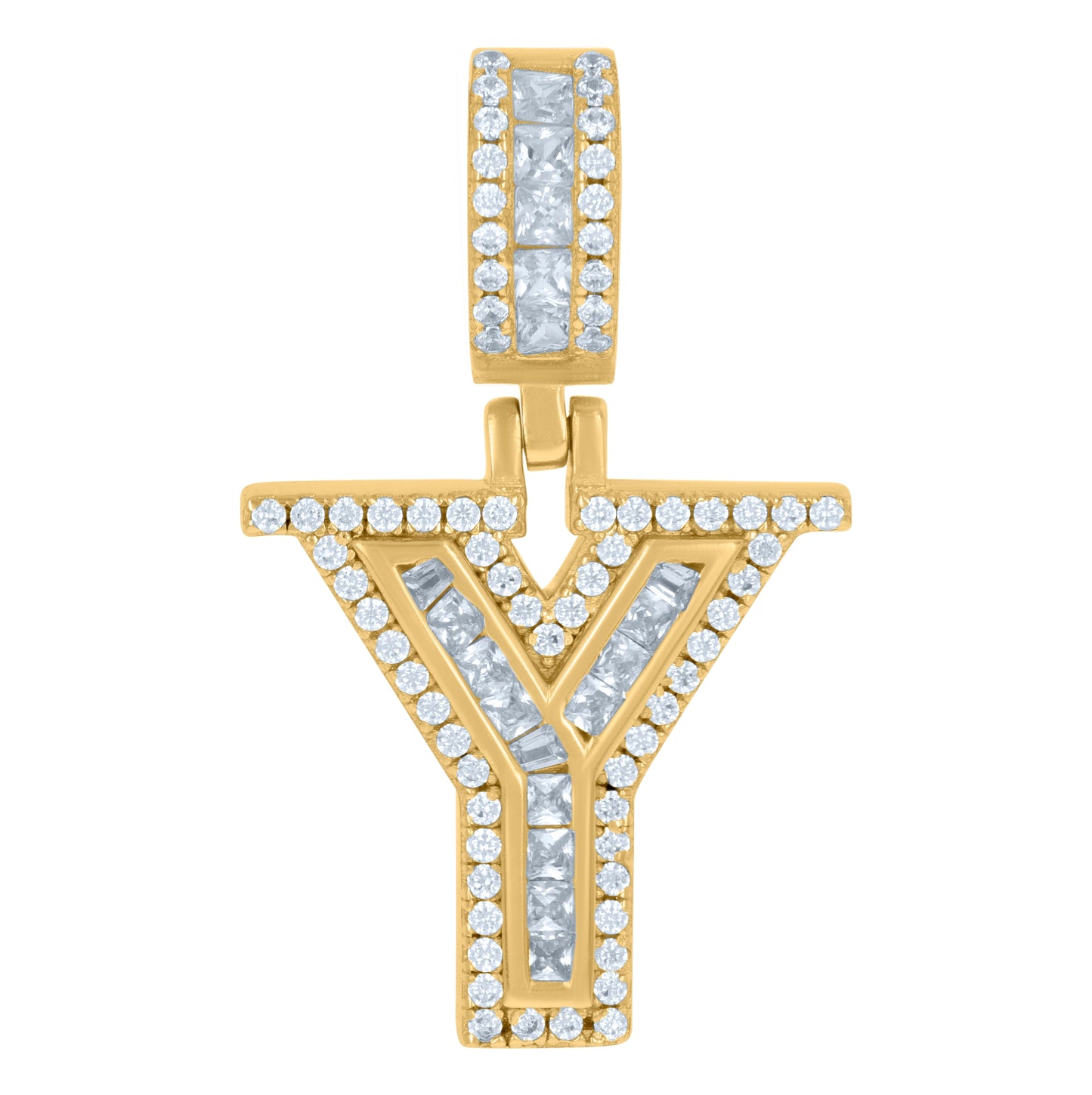 Sterling Silver Or Yellow-tone Unisex Round & Baguette Cubic-Zirconia Initial Alphabet Pendant Charm
