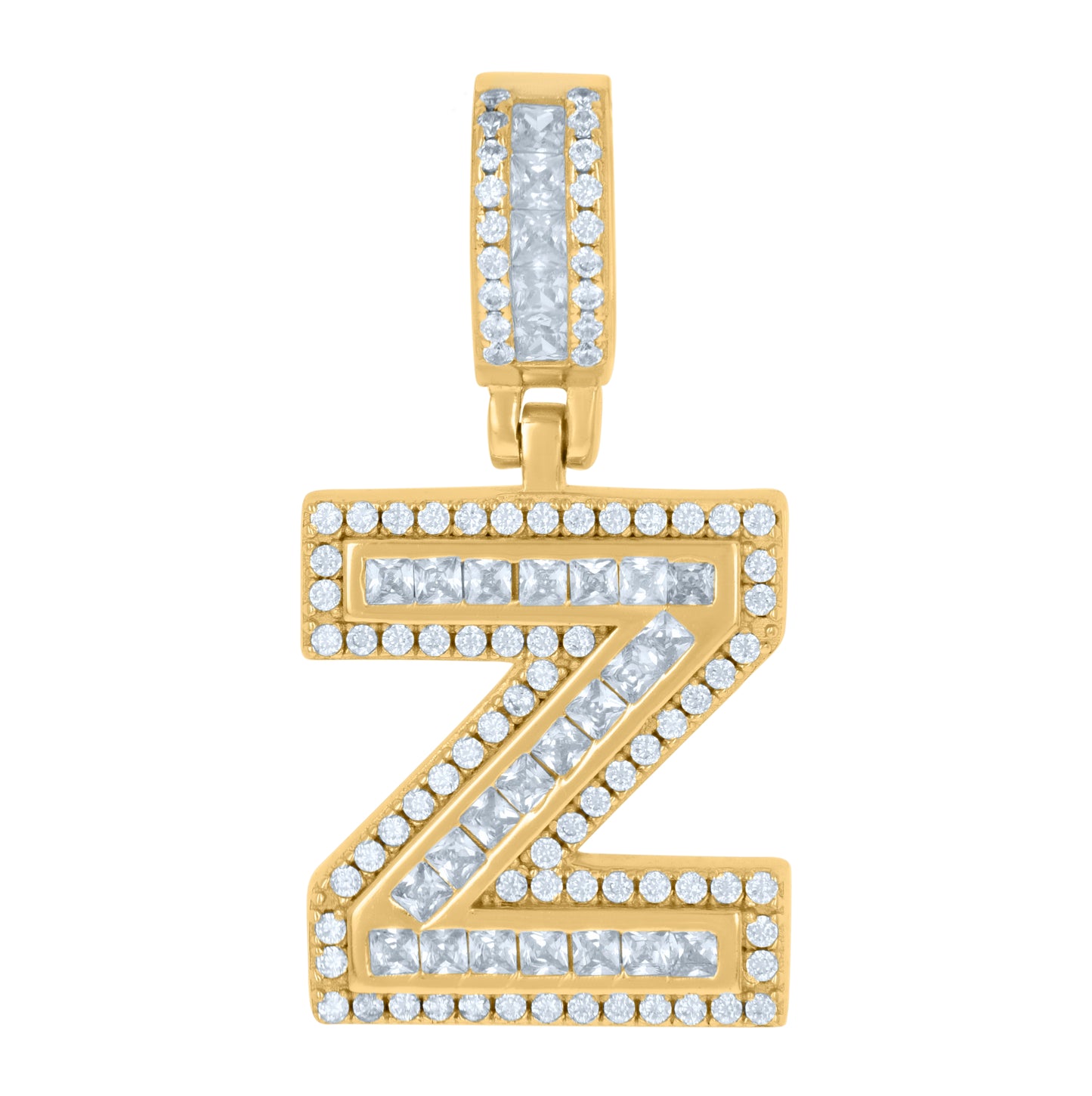 Sterling Silver Or Yellow-tone Unisex Round & Baguette Cubic-Zirconia Initial Alphabet Pendant Charm