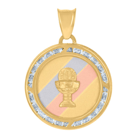 10K Tri-Color Gold Unisex Cubic-Zirconia Holy Communion Ceremony Religious Charm Pendant
