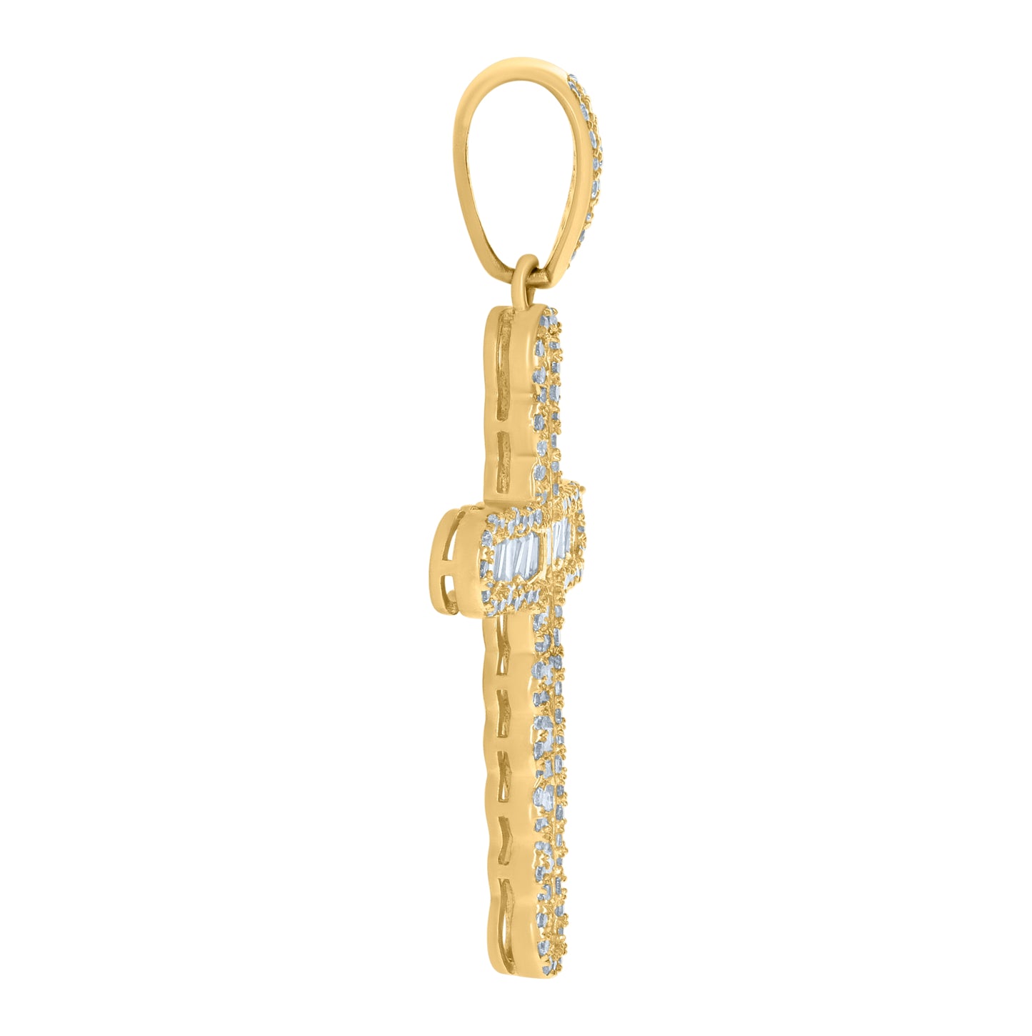 10K Yellow Gold Mens Baguette Round Cubic-Zirconia Cross Religious Charm Pendant