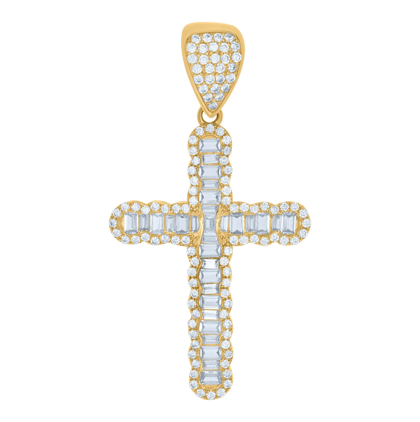 10K Yellow Gold Mens Baguette Round Cubic-Zirconia Cross Religious Charm Pendant