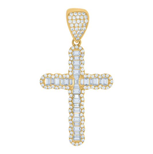 10K Yellow Gold Mens Baguette Round Cubic-Zirconia Cross Religious Charm Pendant