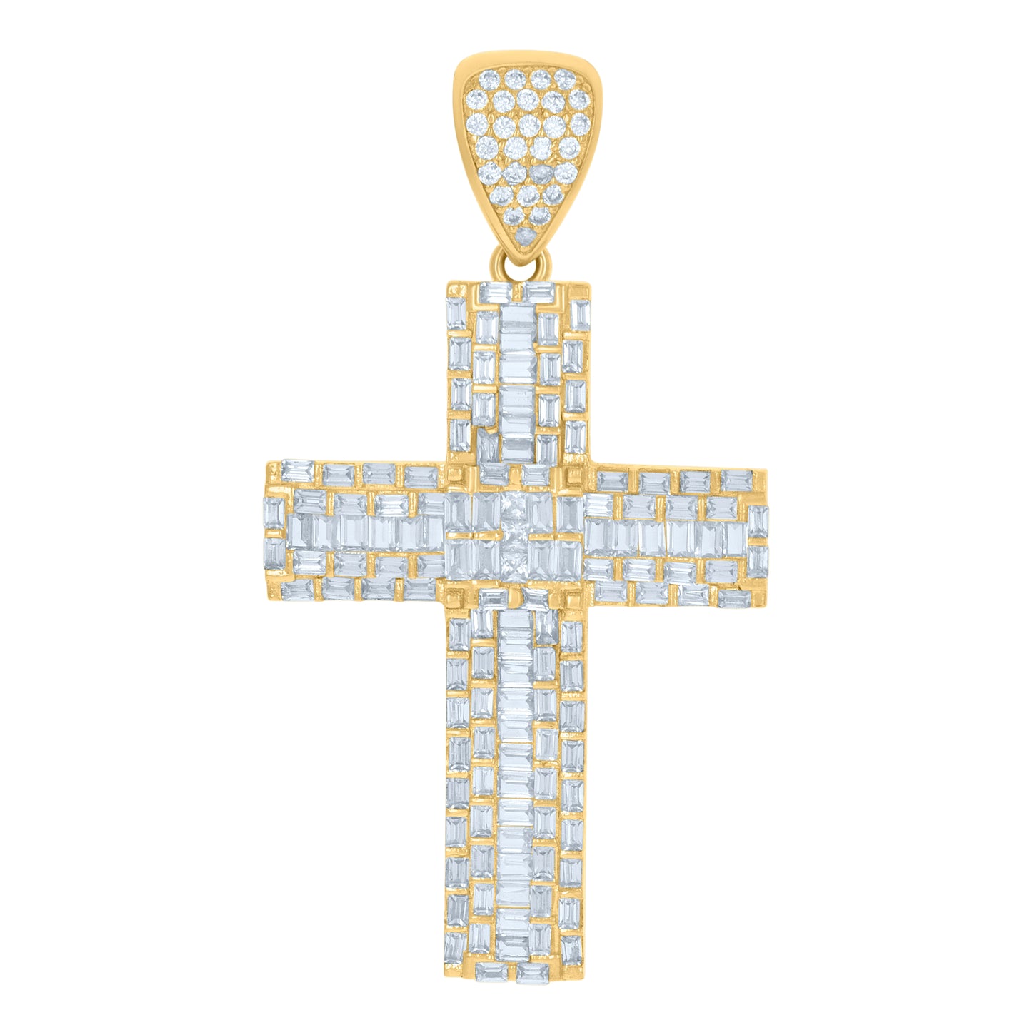 10K Yellow Gold Mens Baguette Round Cubic-Zirconia Cross Religious Charm Pendant
