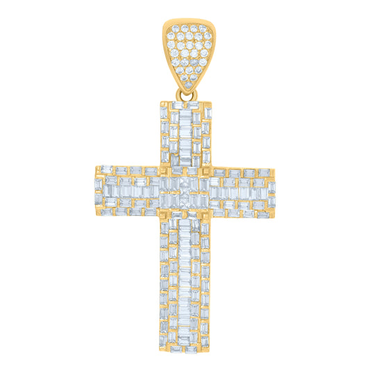 10K Yellow Gold Mens Baguette Round Cubic-Zirconia Cross Religious Charm Pendant