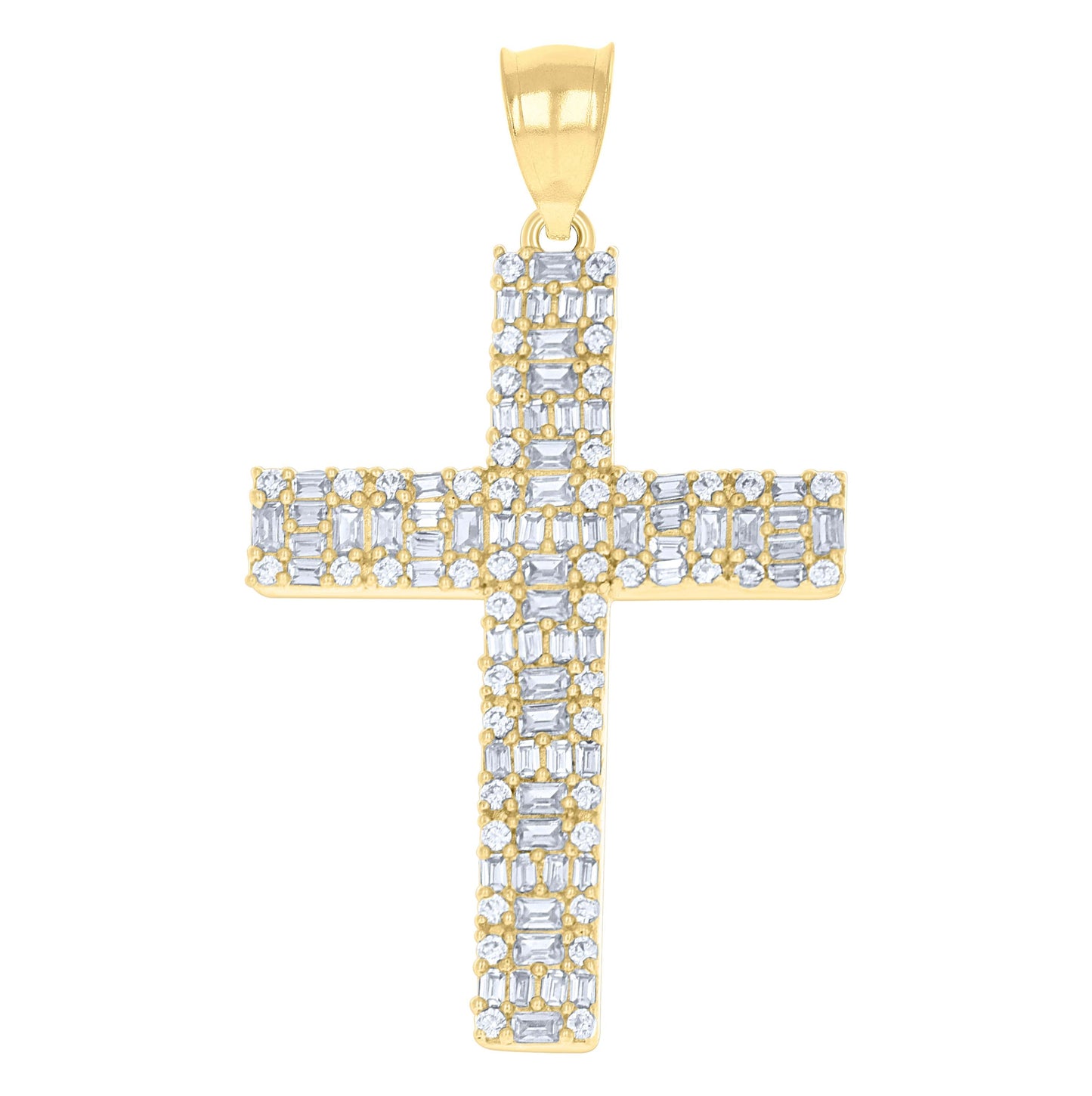 10K Yellow Gold Mens Baguette Round Cubic-Zirconia Cross Religious Charm Pendant