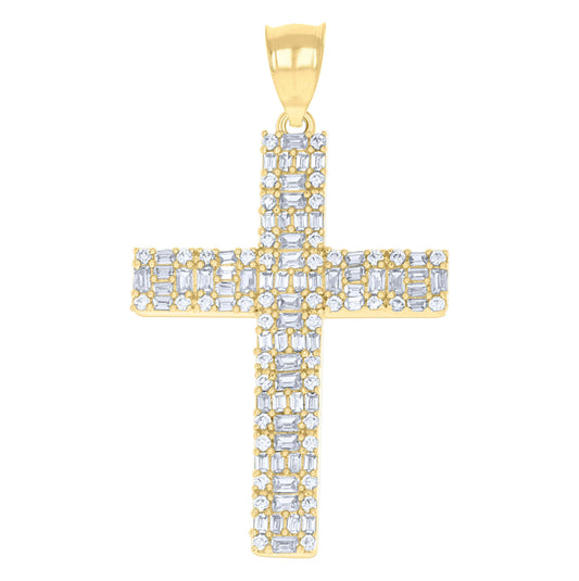 10K Yellow Gold Mens Baguette Round Cubic-Zirconia Cross Religious Charm Pendant