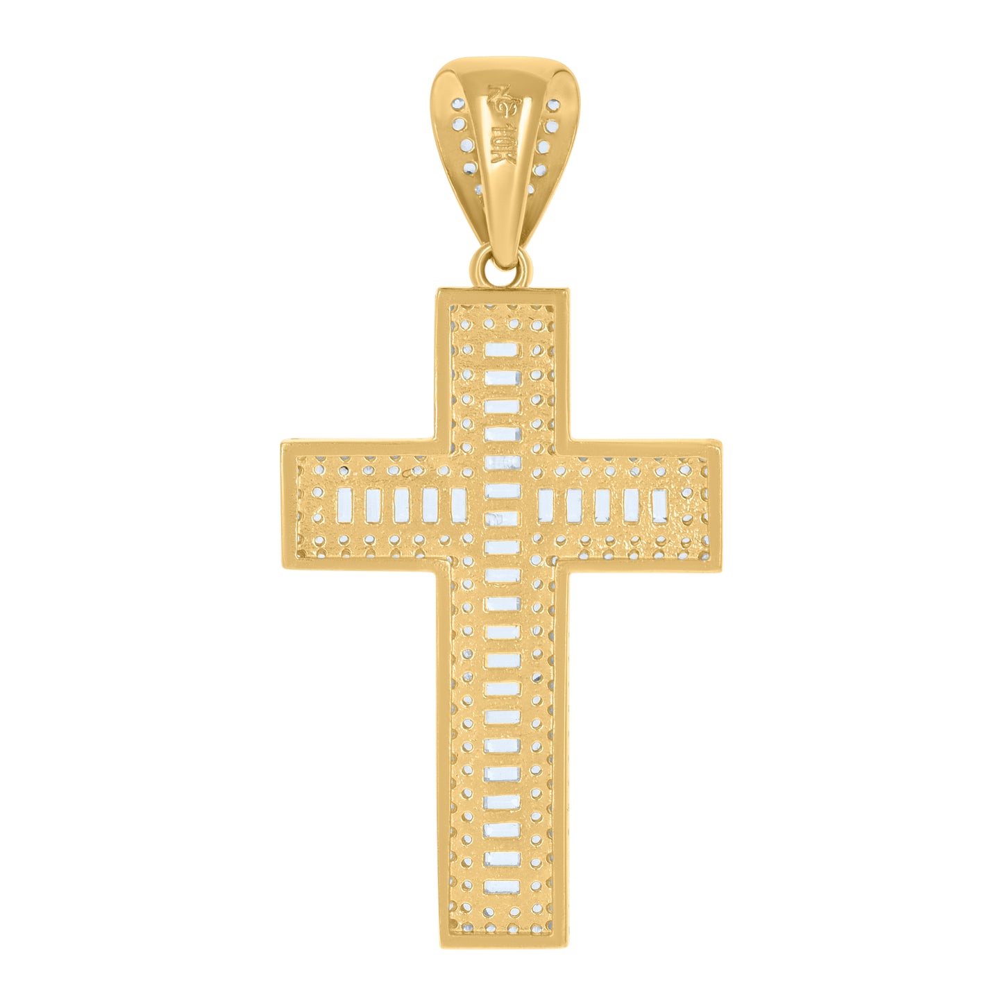 10K Yellow Gold Mens Baguette Round Cubic-Zirconia Cross Religious Charm Pendant