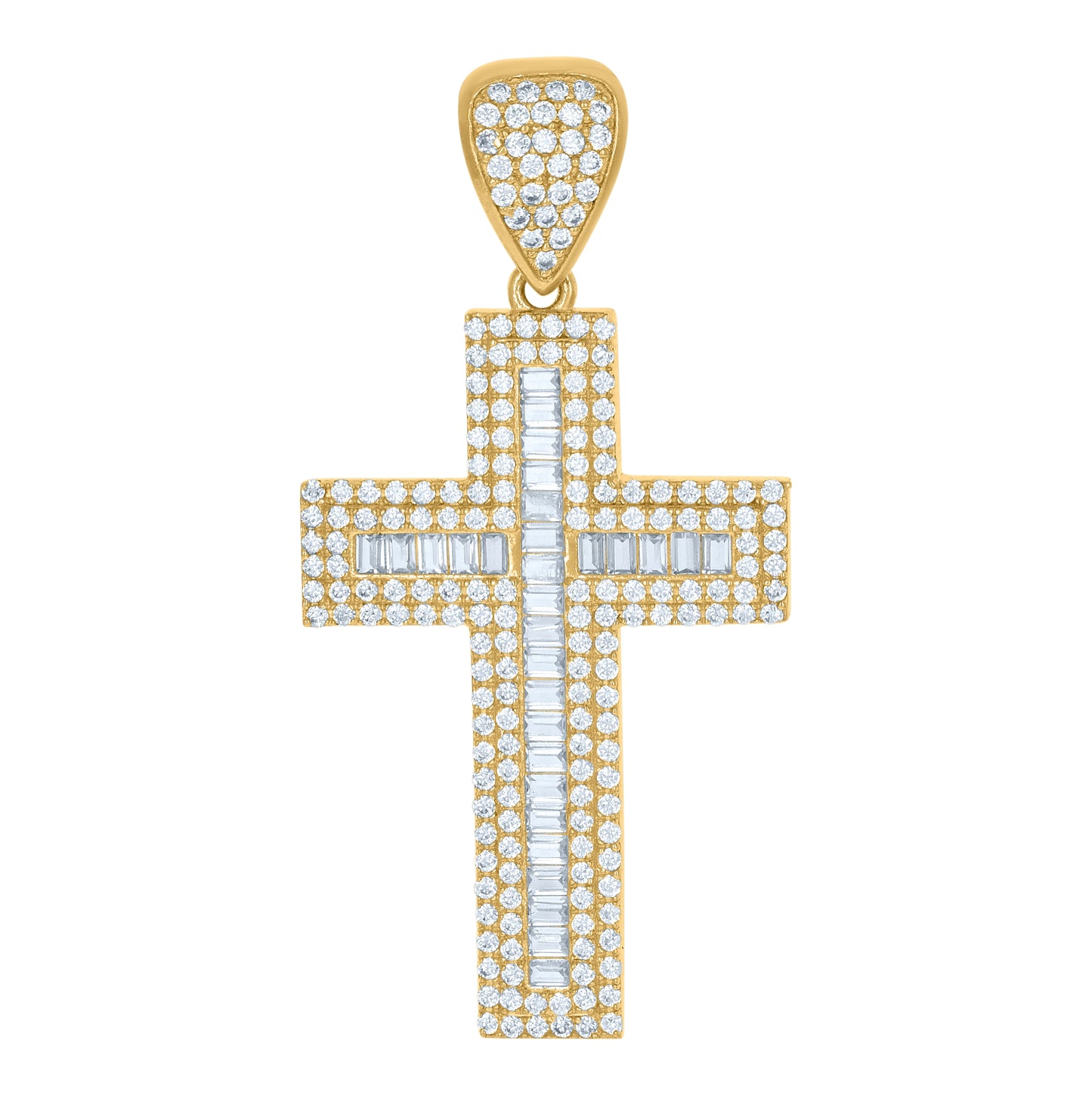 10K Yellow Gold Mens Baguette Round Cubic-Zirconia Cross Religious Charm Pendant