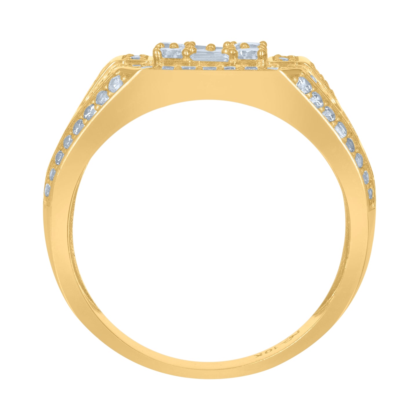 10K Yellow Gold Mens Baguette Round Cubic-Zirconia Square Head Fashion Ring