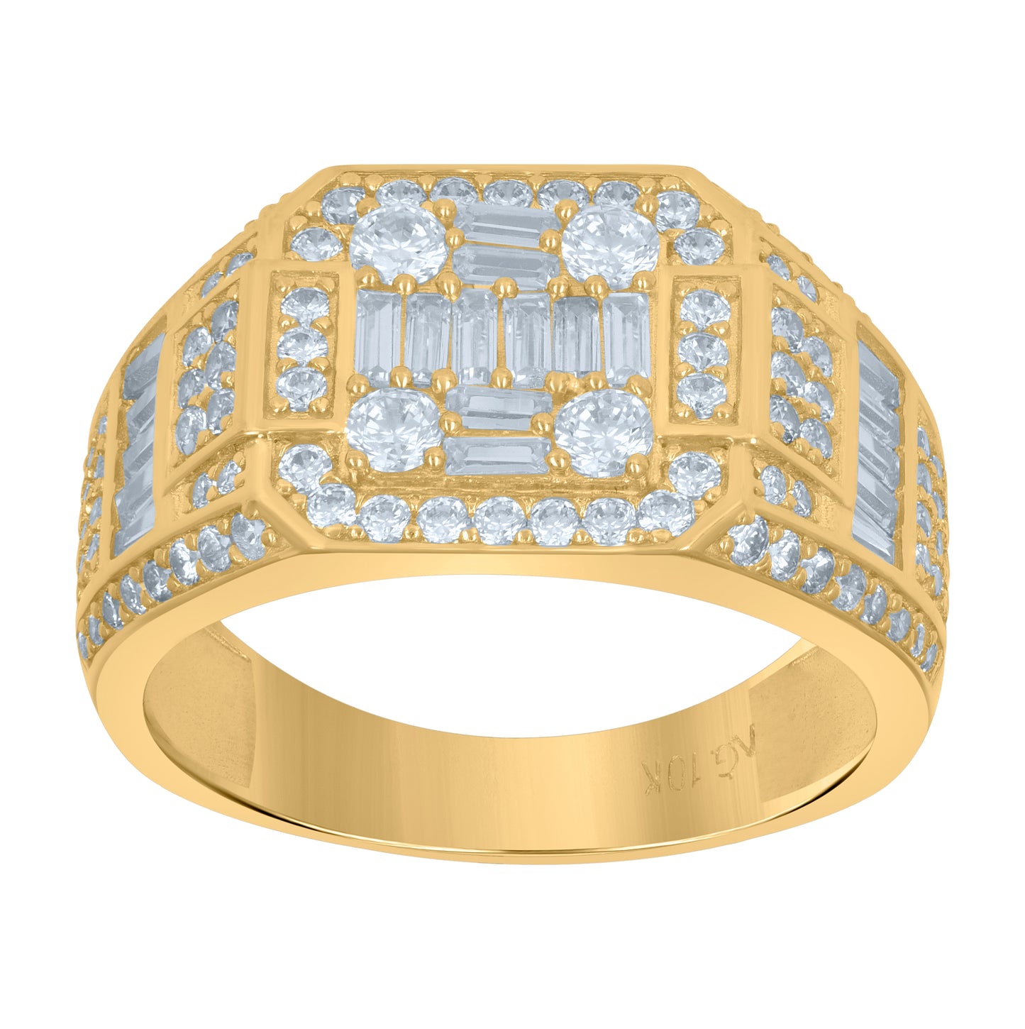 10K Yellow Gold Mens Baguette Round Cubic-Zirconia Square Head Fashion Ring