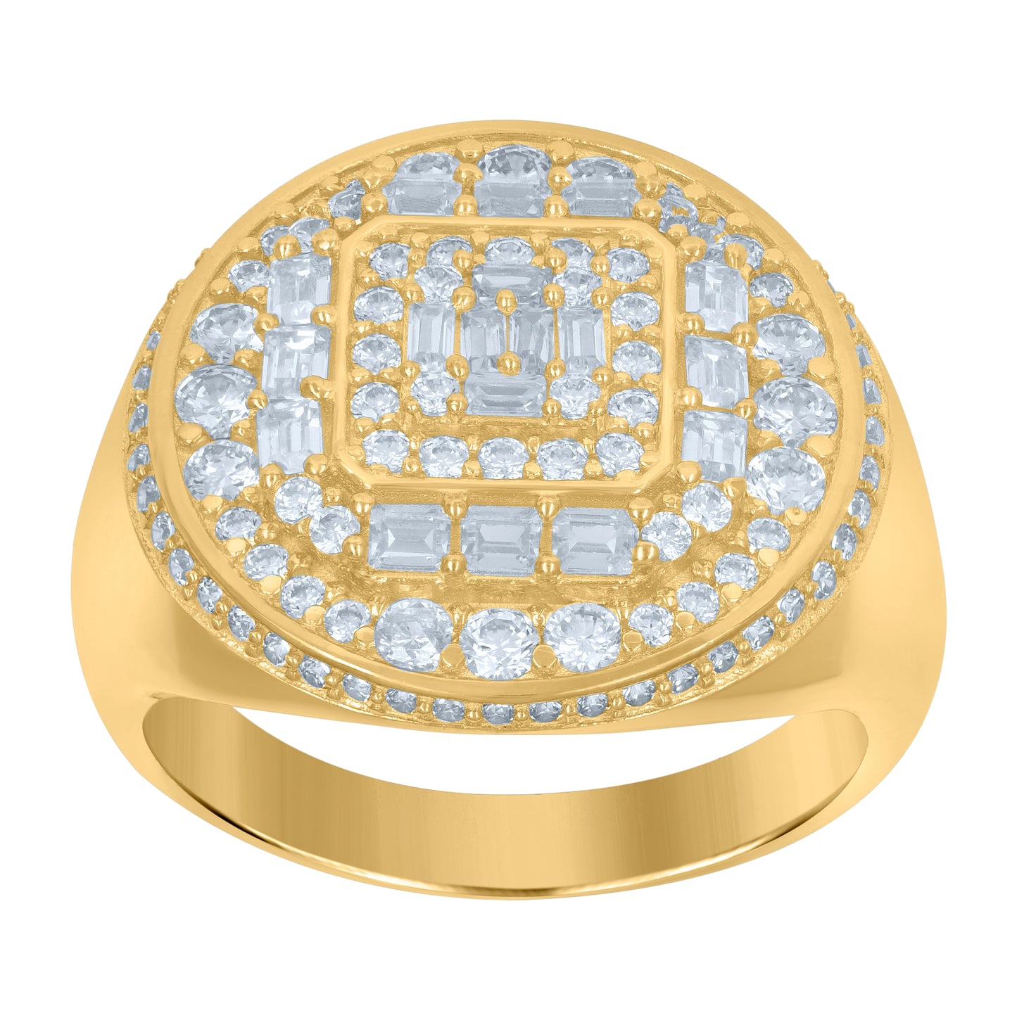 10K Yellow Gold Mens Baguette Round Cubic-Zirconia Round Head Fashion Ring