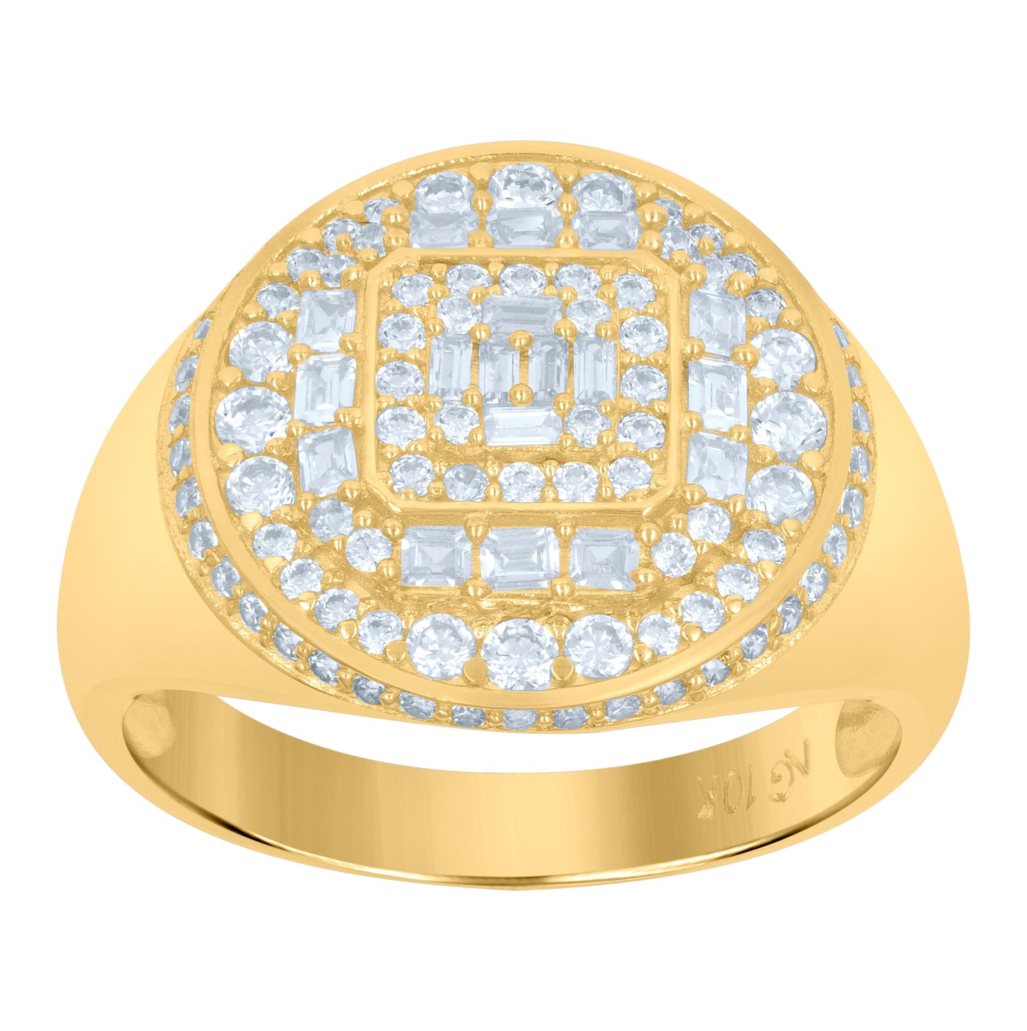 10K Yellow Gold Mens Baguette Round Cubic-Zirconia Round Head Fashion Ring