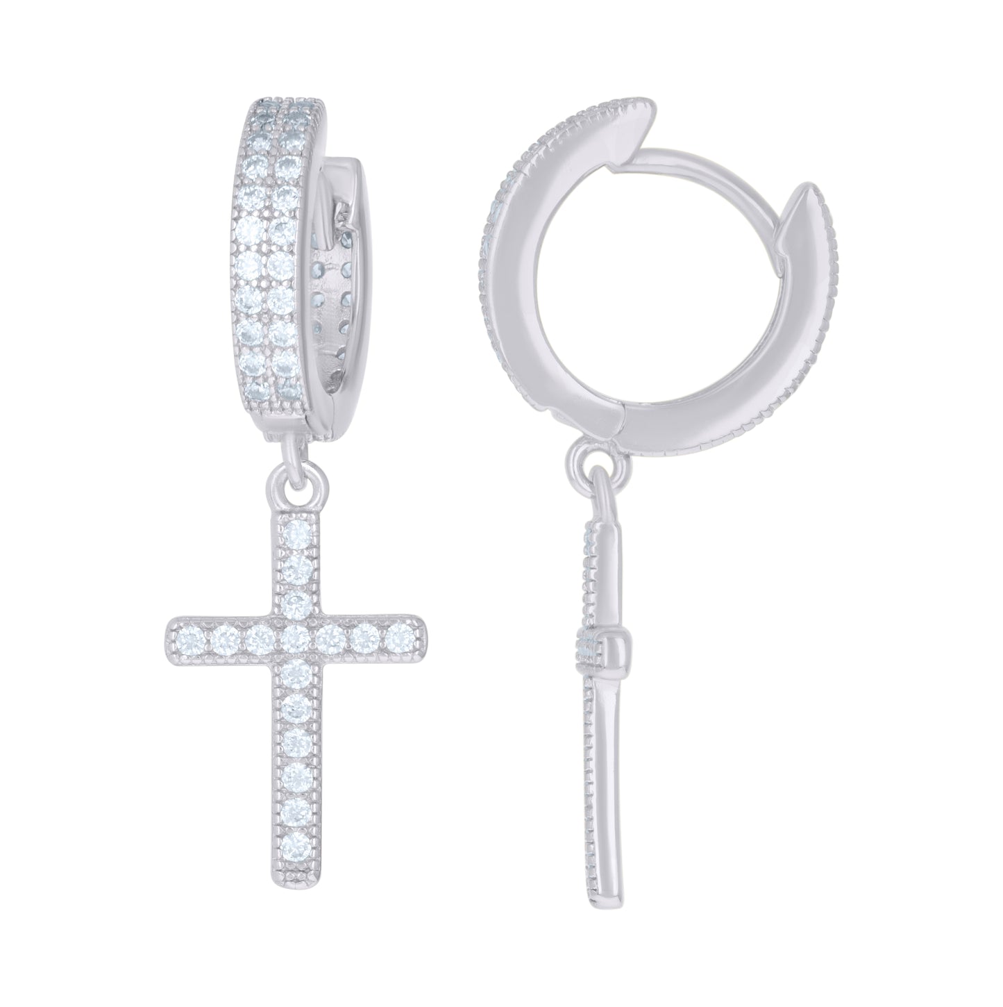 Sterling Silver Or Yellow-tone Mens Cubic-Zirconia Cross Religious Dangle Hoop Earrings