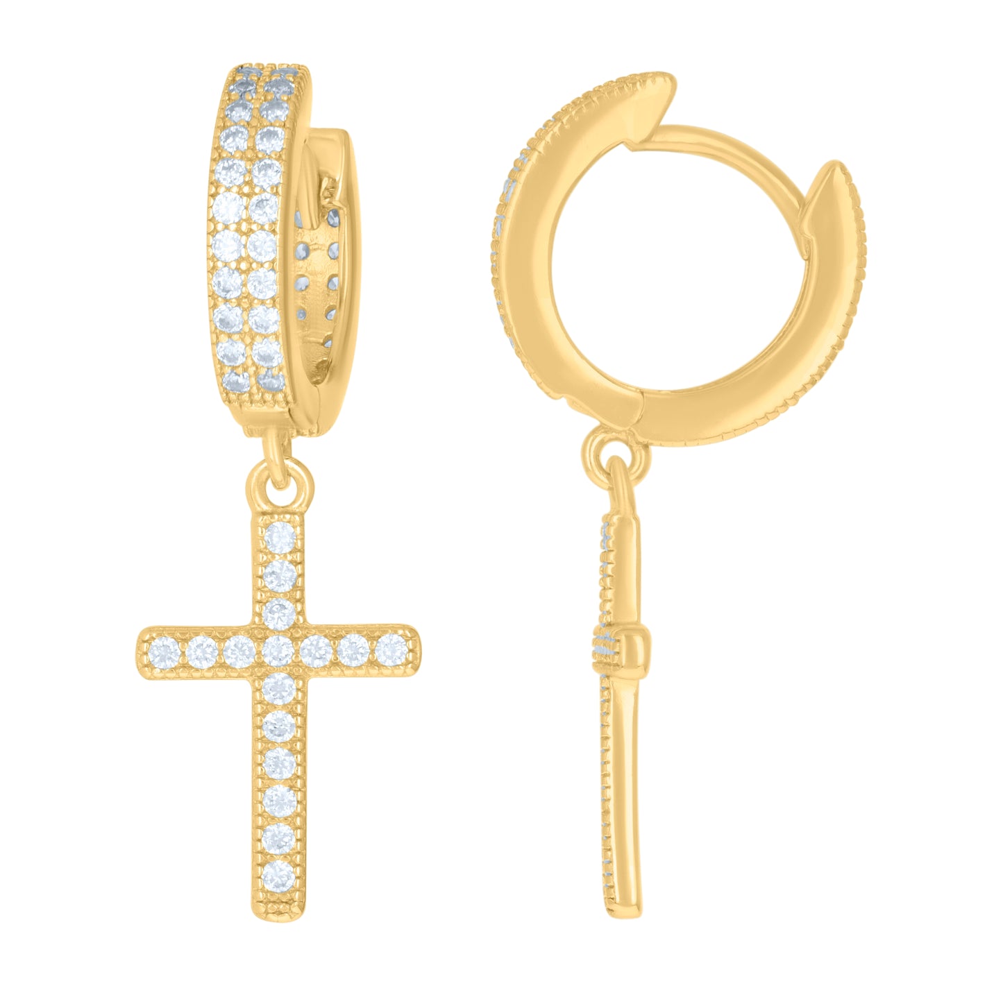 Sterling Silver Or Yellow-tone Mens Cubic-Zirconia Cross Religious Dangle Hoop Earrings