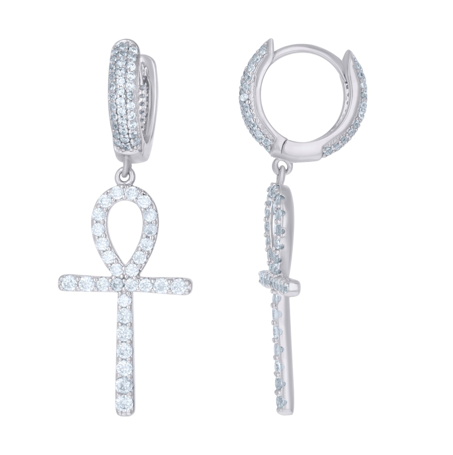 Sterling Silver Womens Cubic-Zirconia Egyptian Ankh Cross Religious Dangle Hoop Earrings