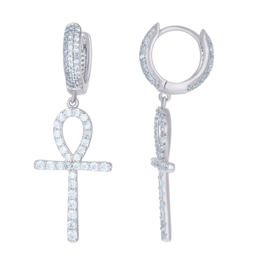 Sterling Silver Womens Cubic-Zirconia Egyptian Ankh Cross Religious Dangle Hoop Earrings