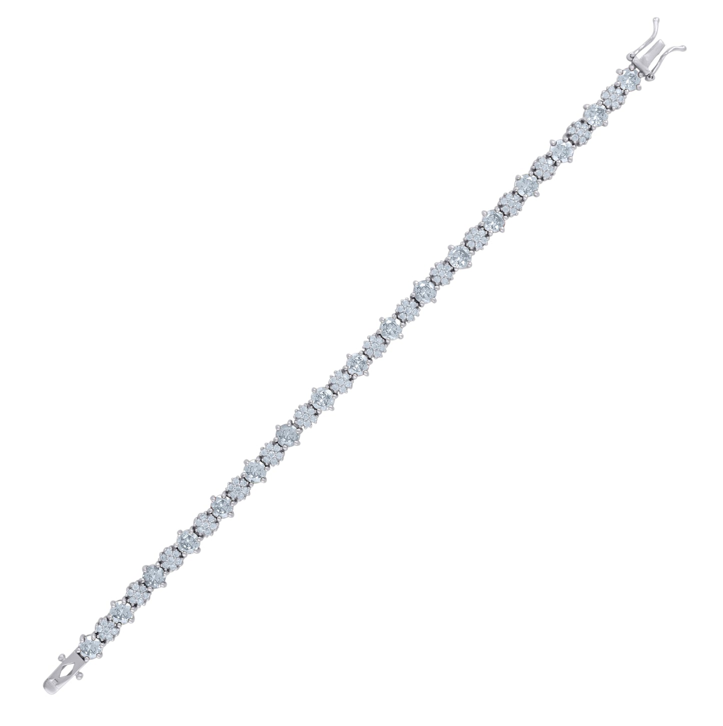 Sterling Silver Womens Cubic-Zirconia Flower Link Fashion Bracelet Size 7.5 Inches