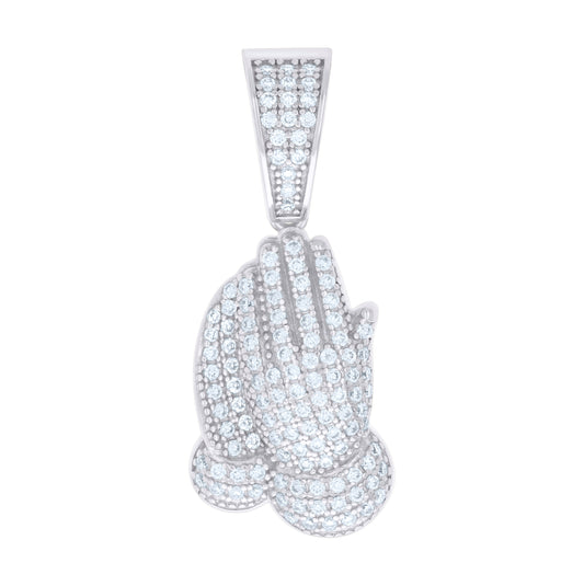 Sterling Silver Mens Cubic-Zirconia Praying Hands Symbol Religious Charm Pendant