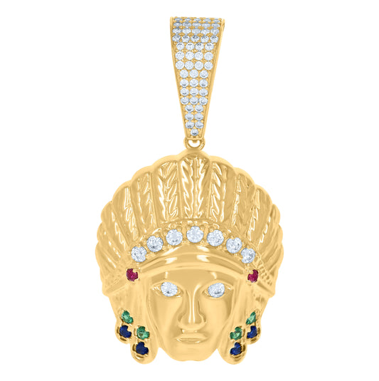 10K Yellow Gold Mens Multi-Color Cubic-Zirconia Native American Indian Fashion Charm Pendant