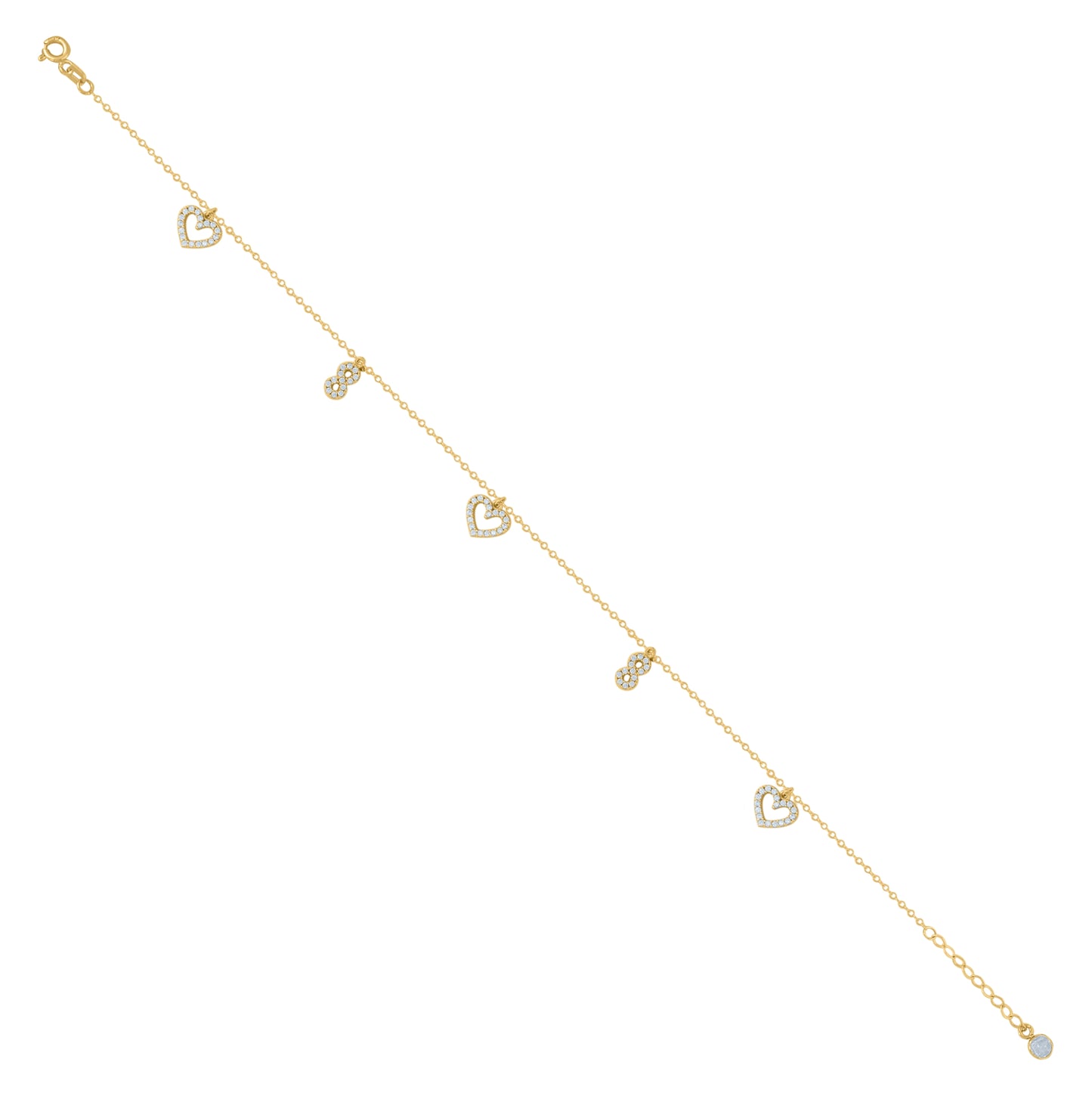 10K Yellow Gold Womens Cubic-Zirconia Heart & Infinity Charm Anklet Size 10 Inches