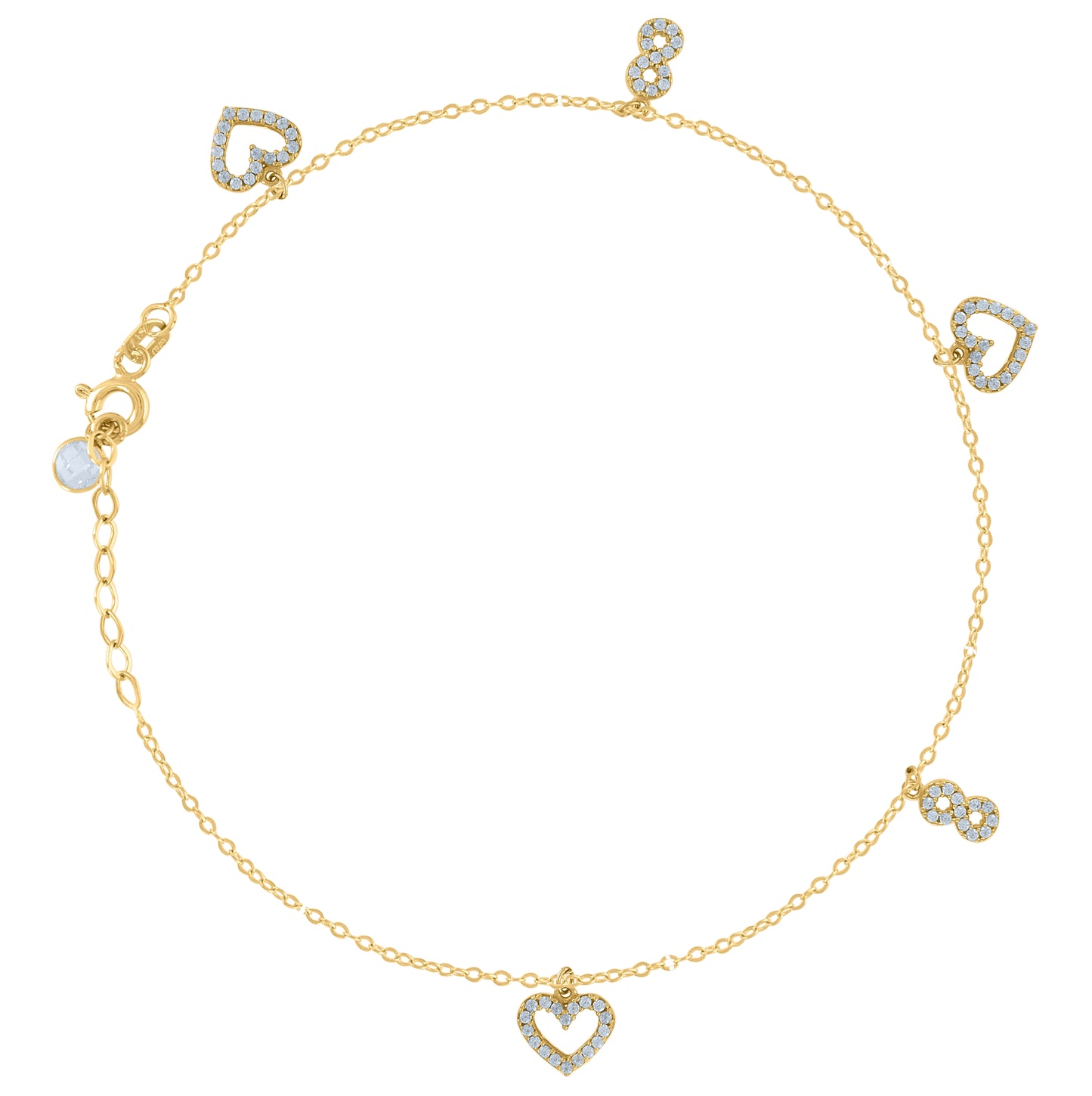 10K Yellow Gold Womens Cubic-Zirconia Heart & Infinity Charm Anklet Size 10 Inches