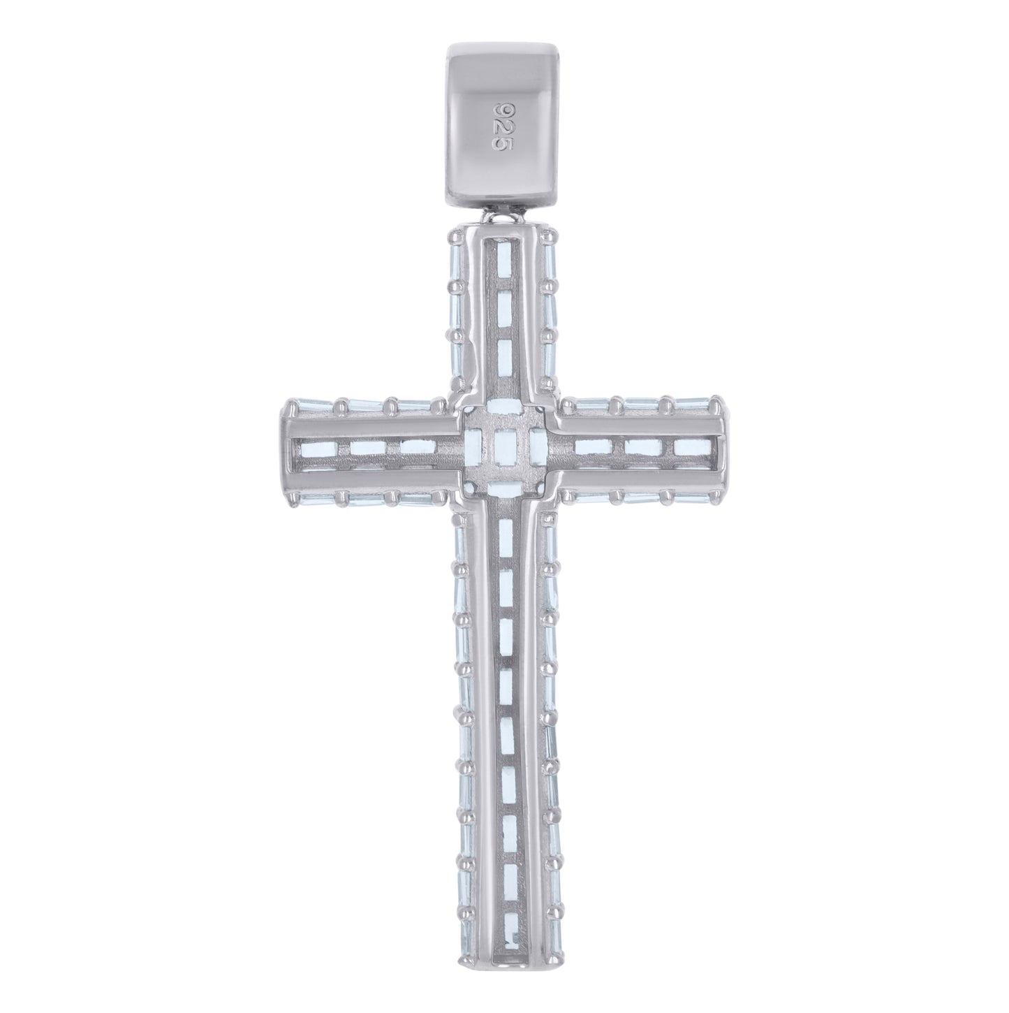 Sterling Silver Mens Baguette Cubic-Zirconia Cross Religious Charm Pendant