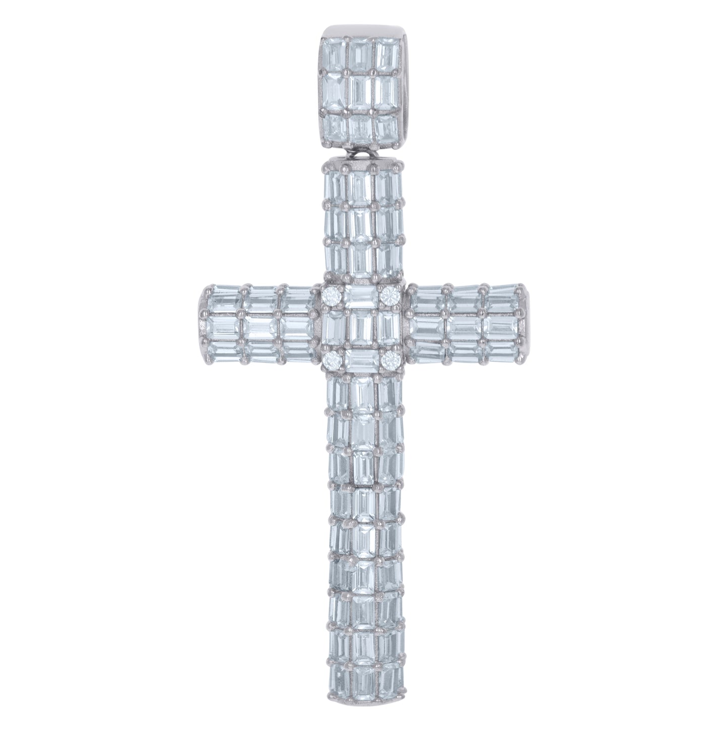 Sterling Silver Mens Baguette Cubic-Zirconia Cross Religious Charm Pendant