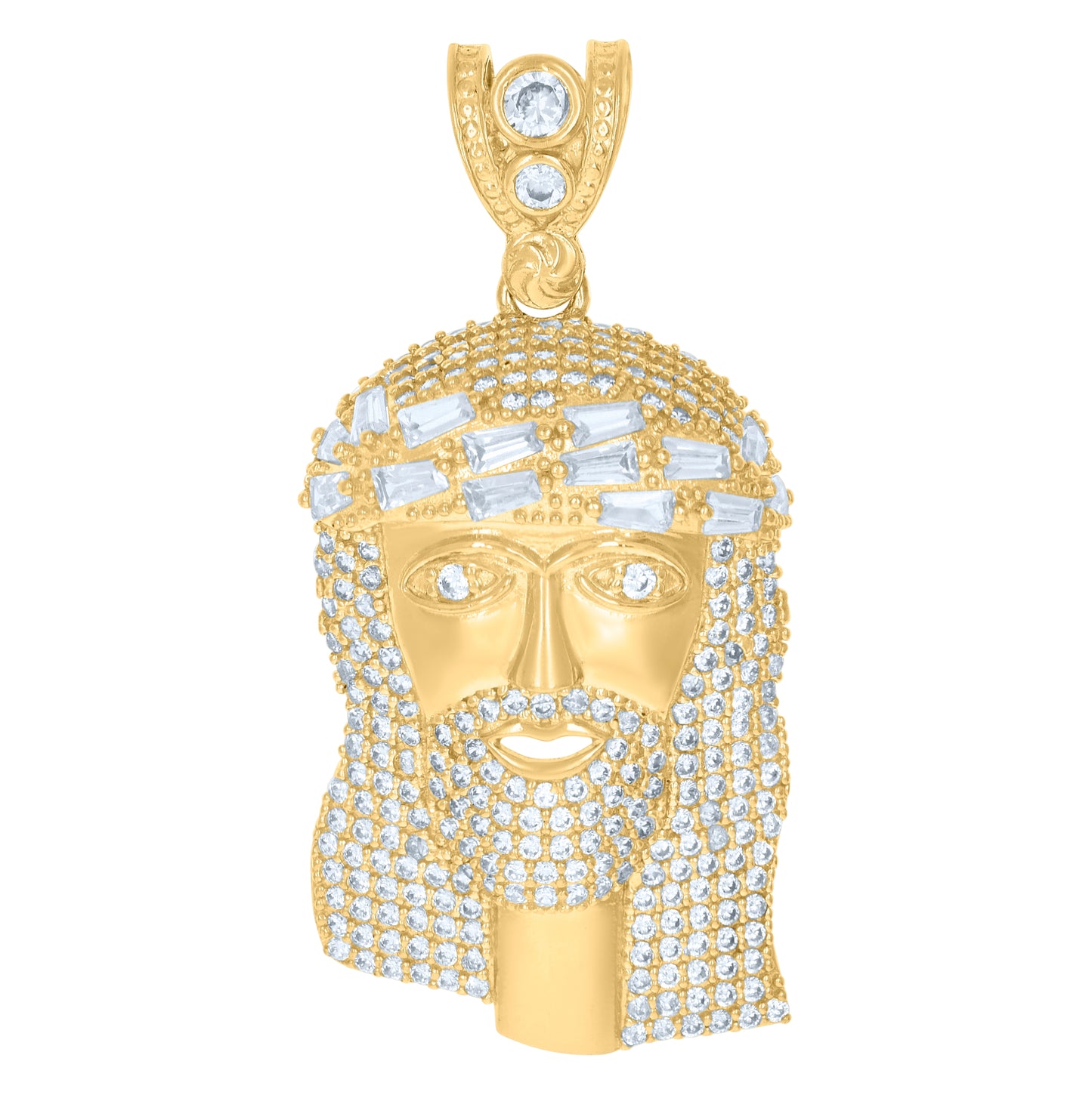 10K Yellow Gold Mens Baguette Round Cubic-Zirconia Jesus Religious Charm Pendant