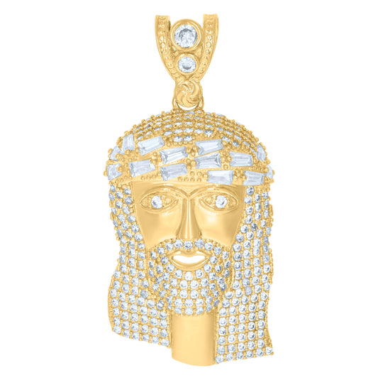 10K Yellow Gold Mens Baguette Round Cubic-Zirconia Jesus Religious Charm Pendant