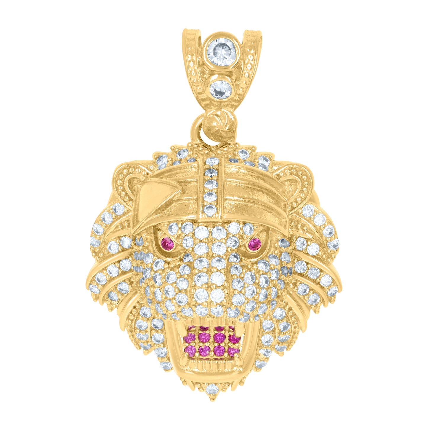 10K Yellow Gold Mens Pink White Cubic-Zirconia Leo/Lion Zodiac Sign/Wildlife Charm Pendant