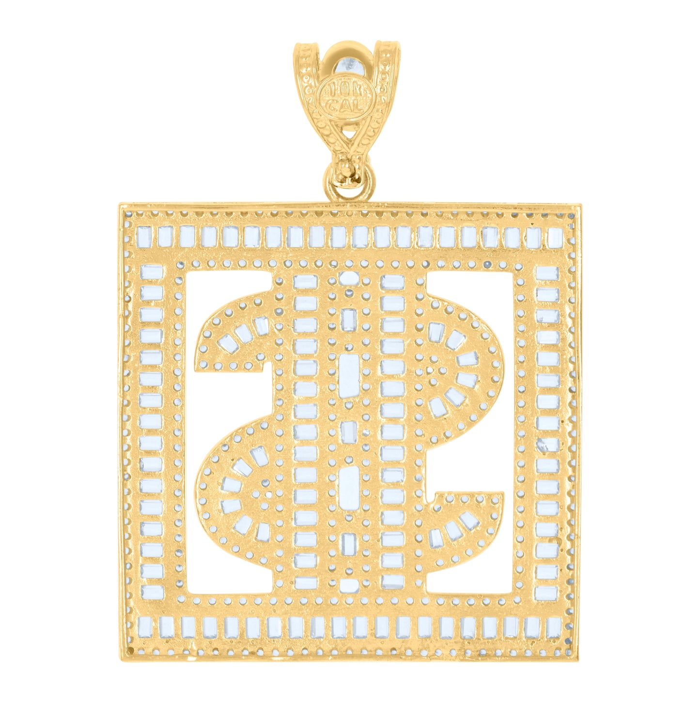10K Yellow Gold Mens Baguette Round Cubic-Zirconia Square Dollar Sign Currency Charm Pendant