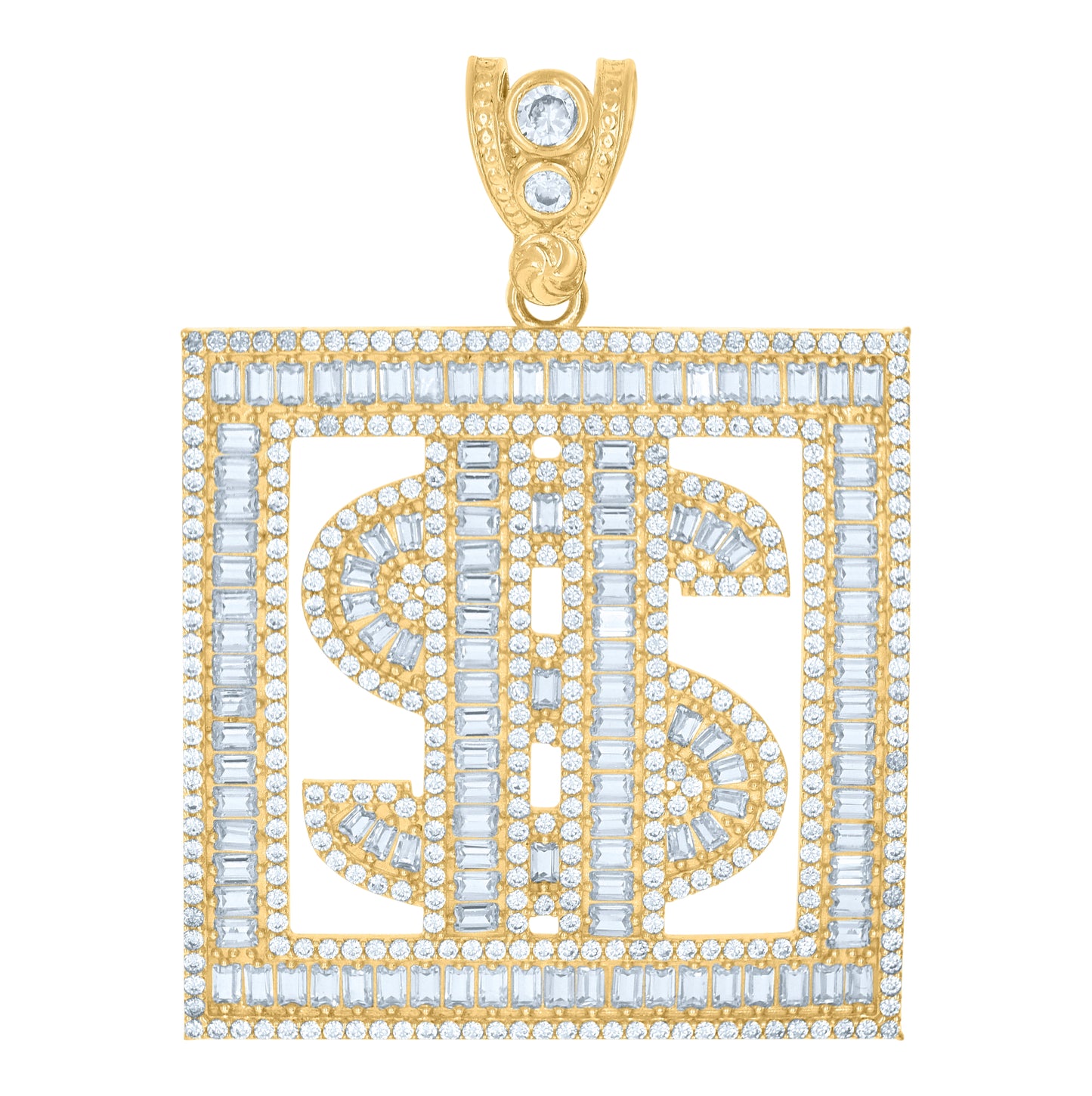 10K Yellow Gold Mens Baguette Round Cubic-Zirconia Square Dollar Sign Currency Charm Pendant