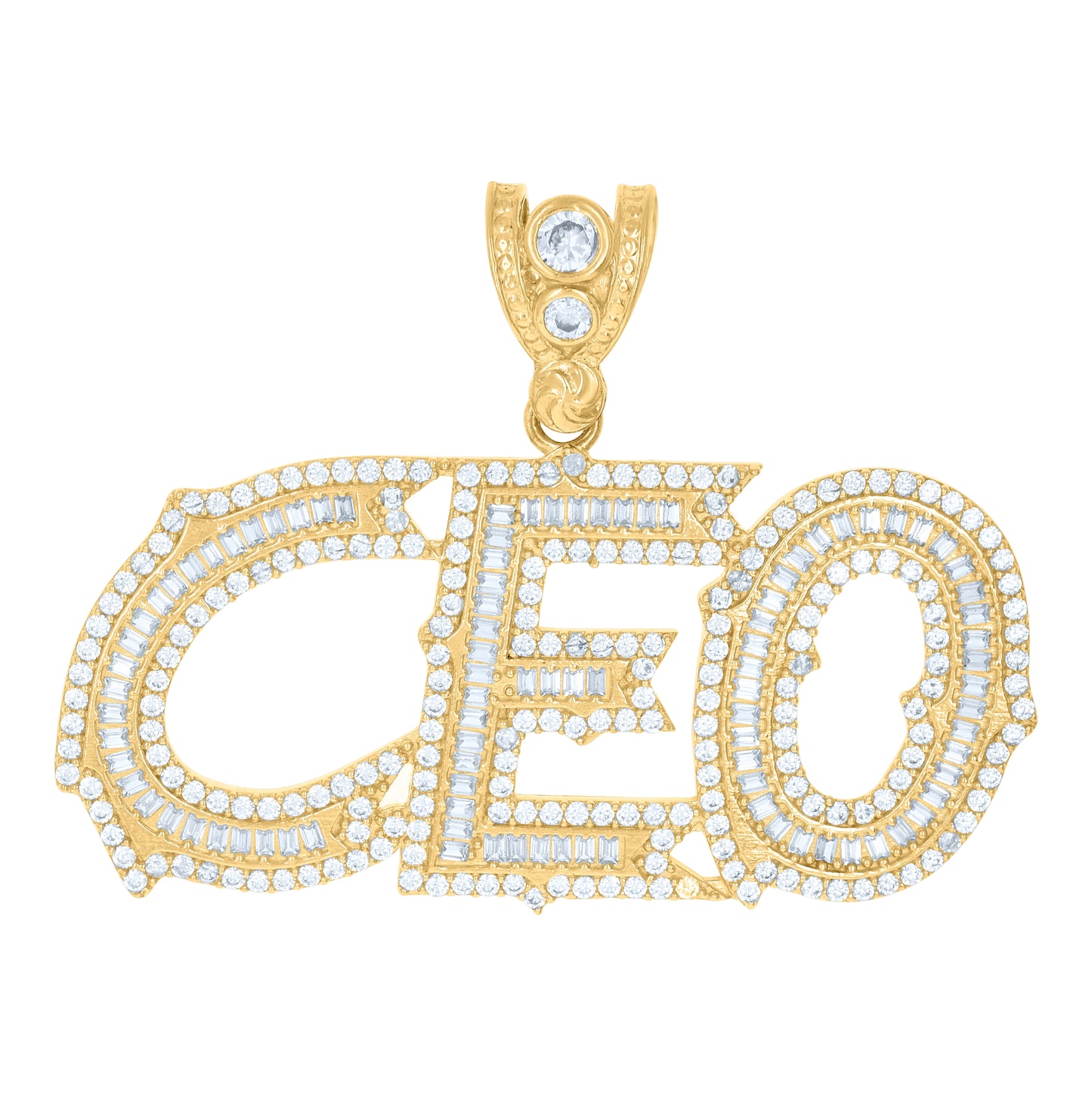 10K Yellow Gold Mens Baguette Round Cubic-Zirconia CEO Fashion Charm Pendant