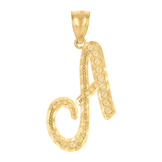 10K Yellow Gold Unisex Diamond-Cut Floral Initial Letter Charm Pendant