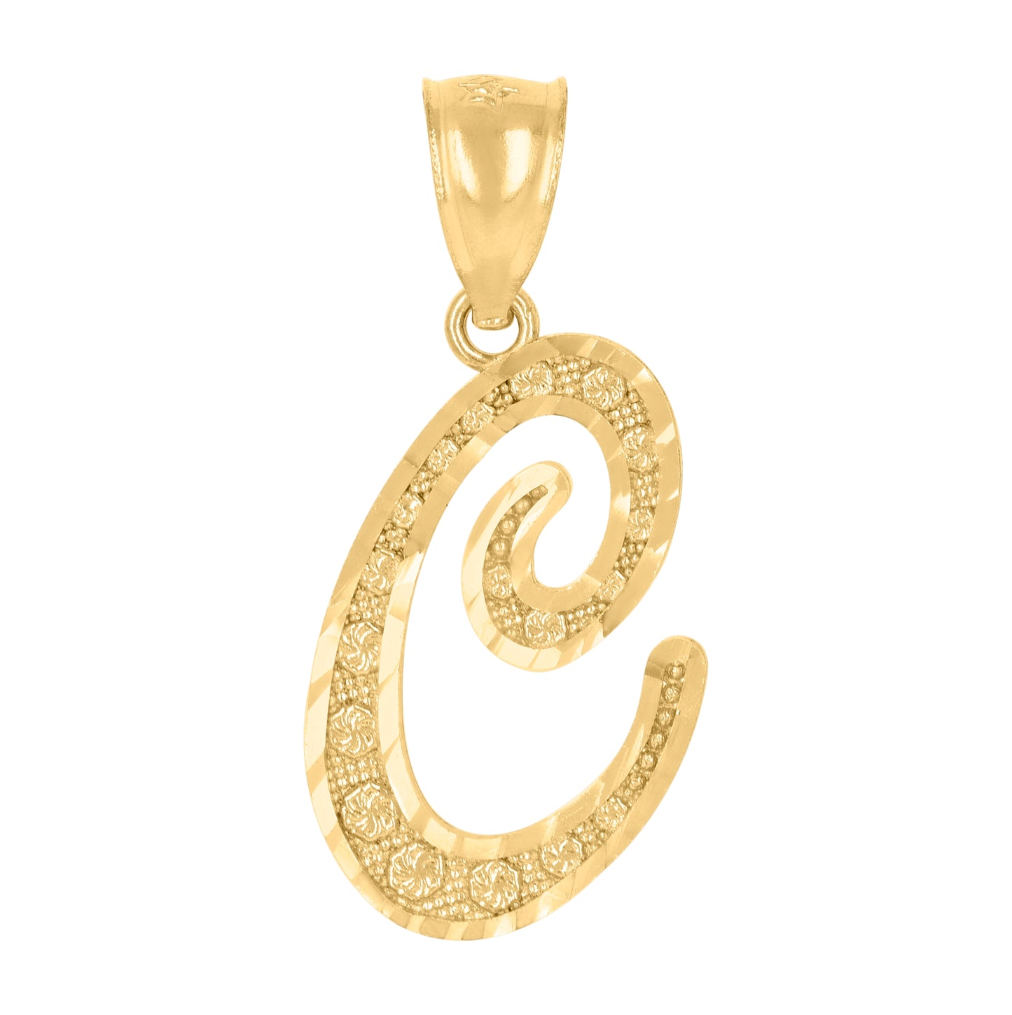 10K Yellow Gold Unisex Diamond-Cut Floral Initial Letter Charm Pendant
