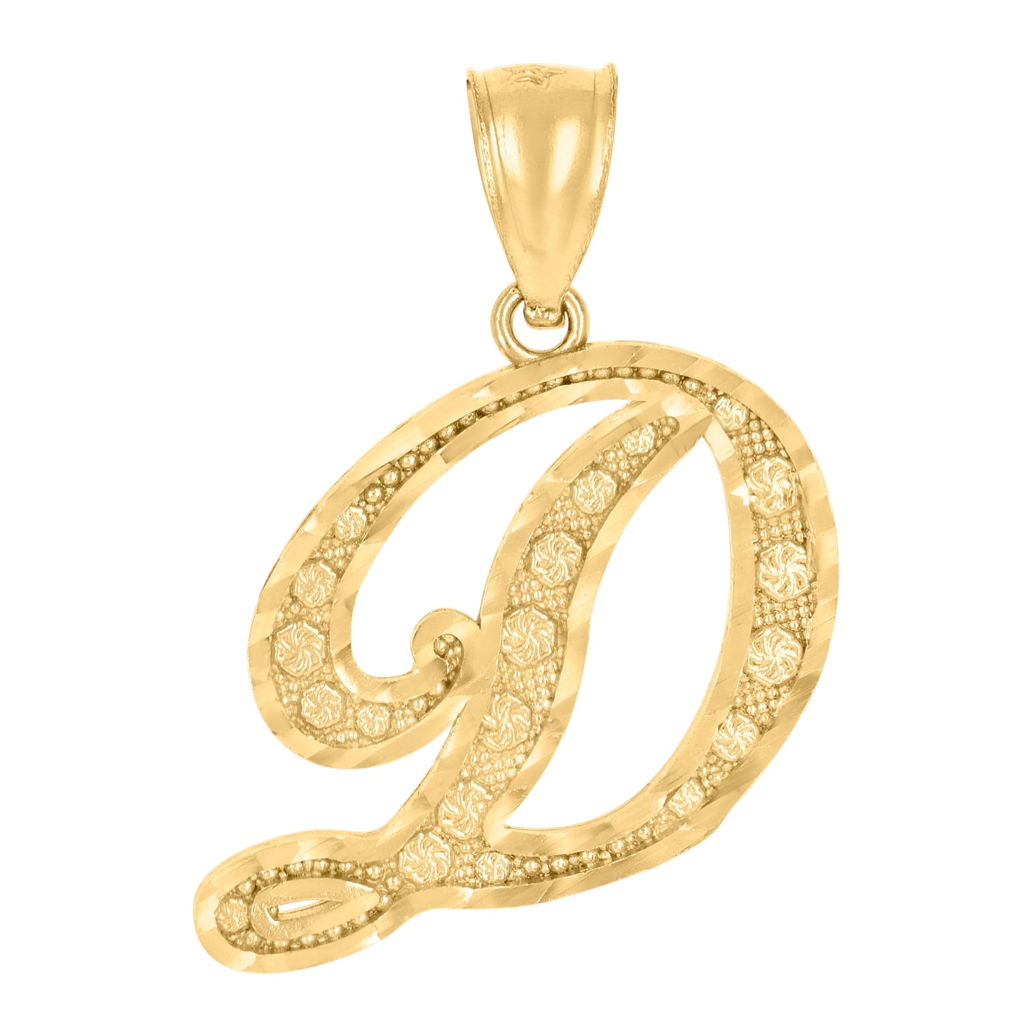10K Yellow Gold Unisex Diamond-Cut Floral Initial Letter Charm Pendant