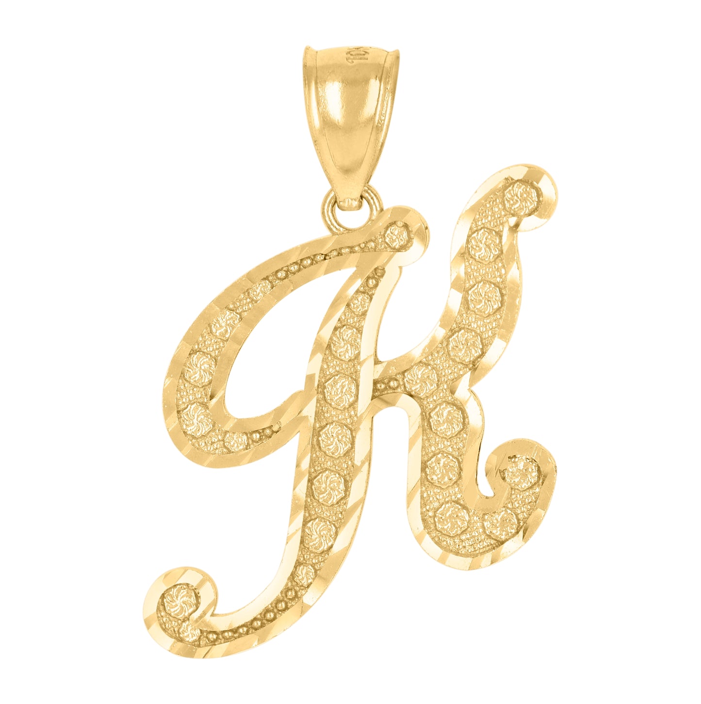 10K Yellow Gold Unisex Diamond-Cut Floral Initial Letter Charm Pendant