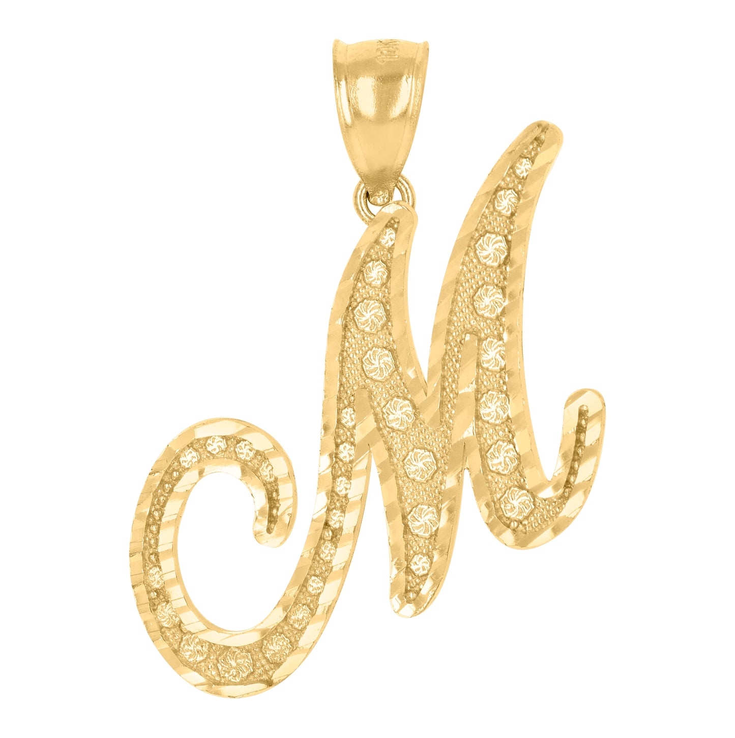 10K Yellow Gold Unisex Diamond-Cut Floral Initial Letter Charm Pendant