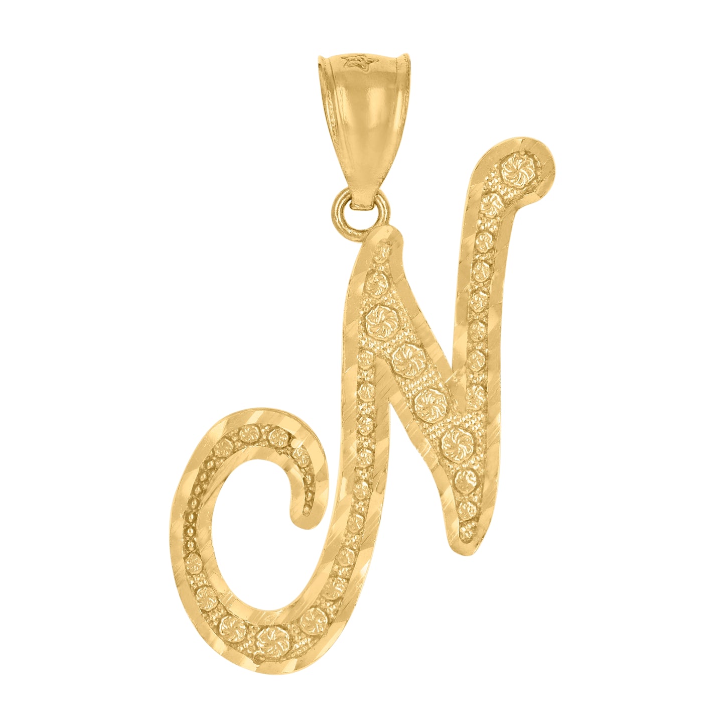 10K Yellow Gold Unisex Diamond-Cut Floral Initial Letter Charm Pendant
